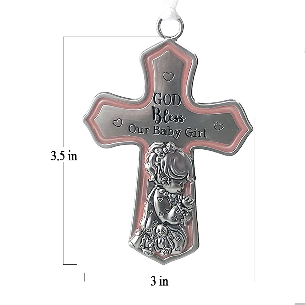 Ornate Crib Cross Decor with Ribbon for Baby Girl - Baptism, Christening & Baby Shower Gift - 'God Bless Our Baby Girl' - Perfect for Nursery Decor & Religious Celebrations