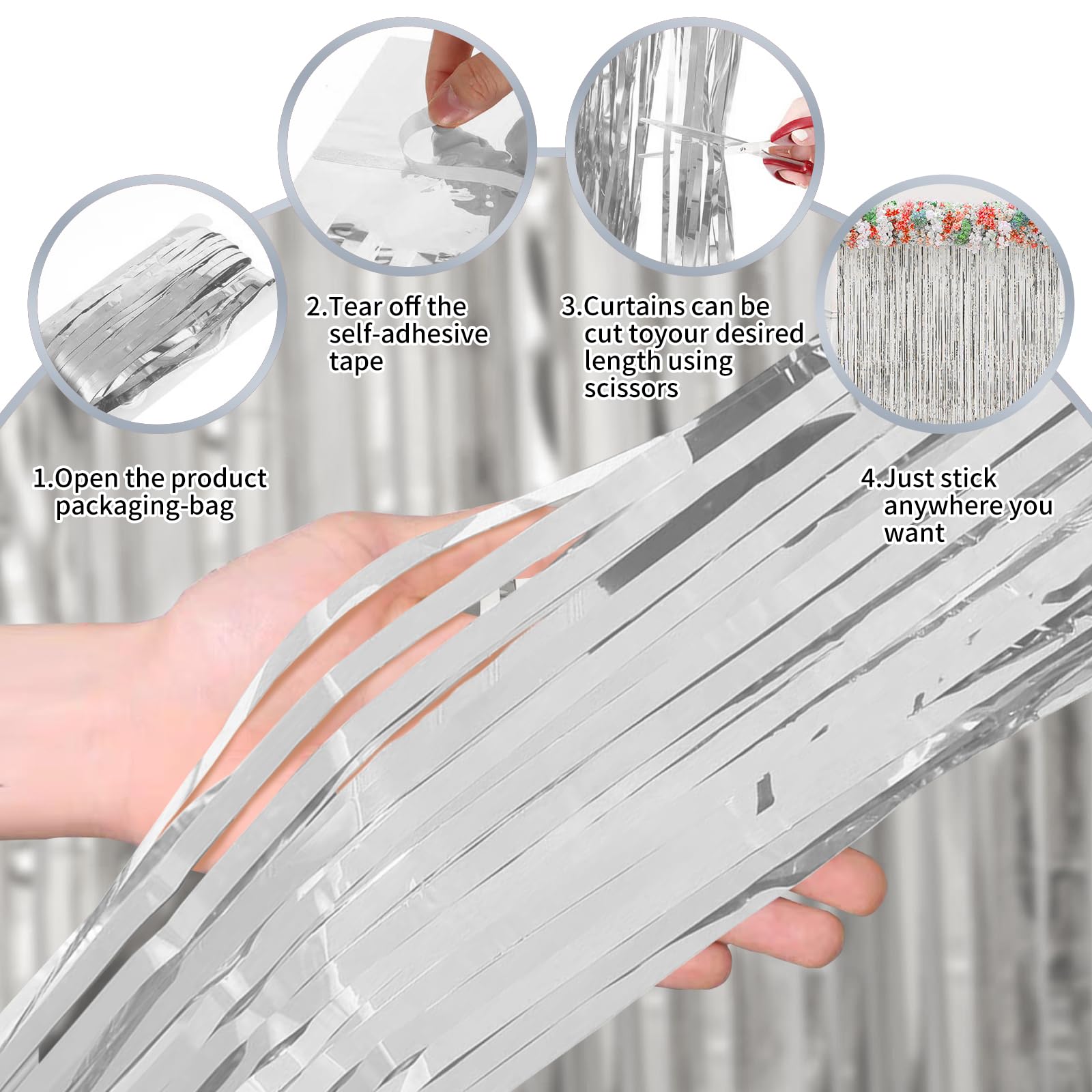3 Pack 3.2ft x 8.2ft Silver Metallic Foil Fringe Curtains - Tinsel Streamers for Bachelorette Party, Birthday, Graduation & Baby Shower Decorations - Perfect for Photo Backdrops, Wall Decor & Event Styling