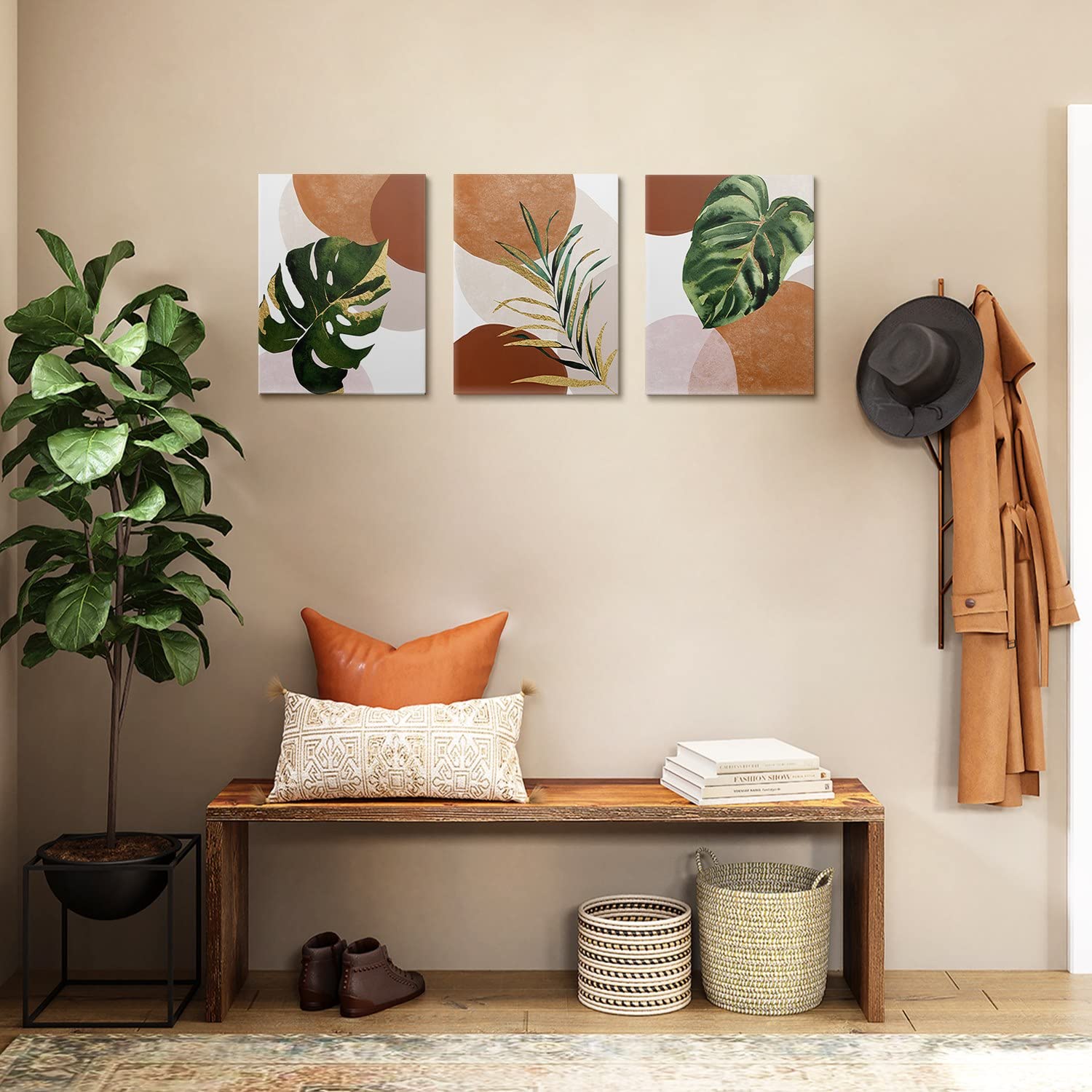 GUBIYU Set of 3 Boho Wall Art Prints - 16x24 Inch Framed Canvas Wall Decor with Tropical Botanical Plant Pictures | Mid-Century Modern Home Decor for Living Room, Bedroom & Office