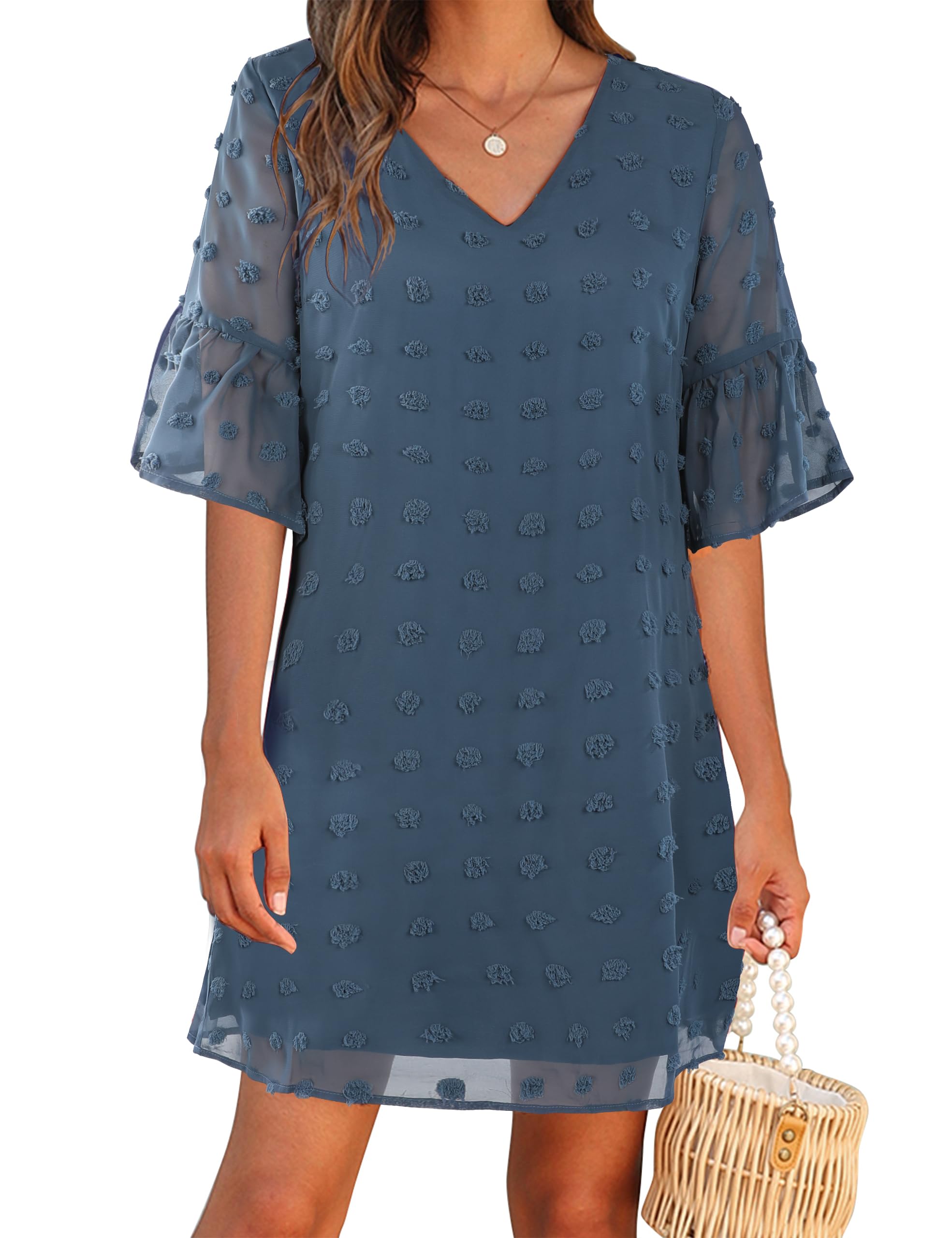 Blooming Jelly Women's White Short Sleeve V-Neck Ruffle Chiffon Flowy Shift Mini Sun Dress - Perfect for Summer Outings, Beach Vacations & Casual Daywear