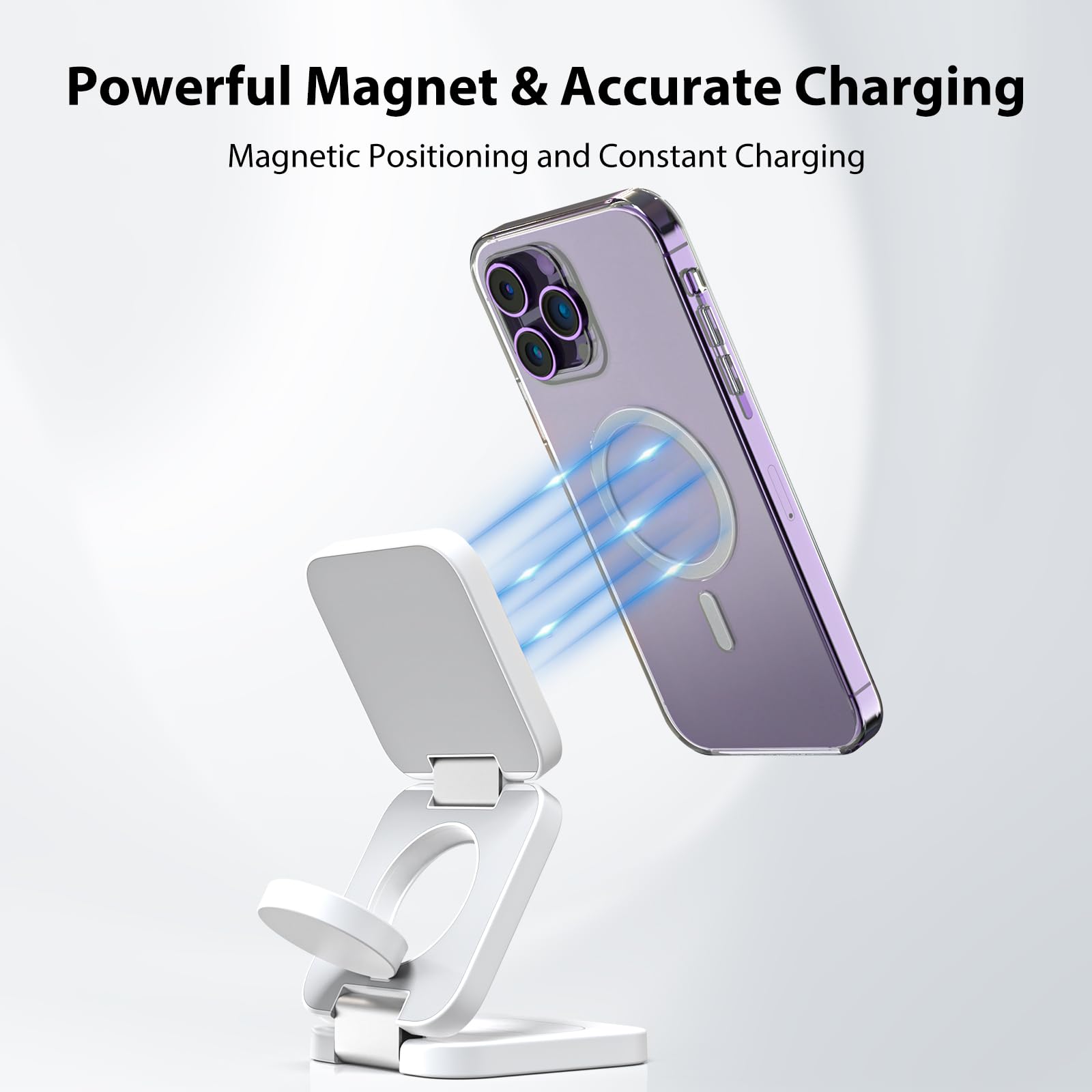 Foldable 3-in-1 Wireless Charging Station for iPhone 16/15/14/13/12 Series (Pro/Pro Max/Mini/Plus), Apple Watch 9/8/7/6/5/4/3/2/SE & AirPods - 5W Fast Charger - White | Perfect for Bedside, Office & Travel Use