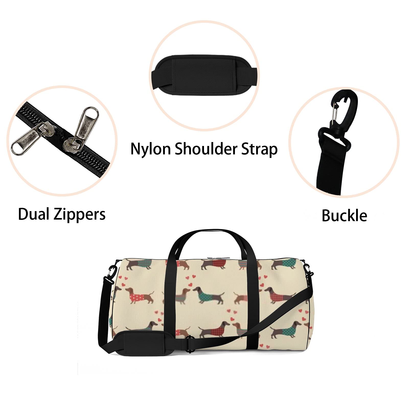 Waterproof Dachshund Print Sports Tote Bag with Red Hearts - Gym Shoulder Bag with Zipper & 2 Side Pockets for Men & Women | Perfect for Workouts, Travel & Storage | Cute Animal Design for Dog Lovers