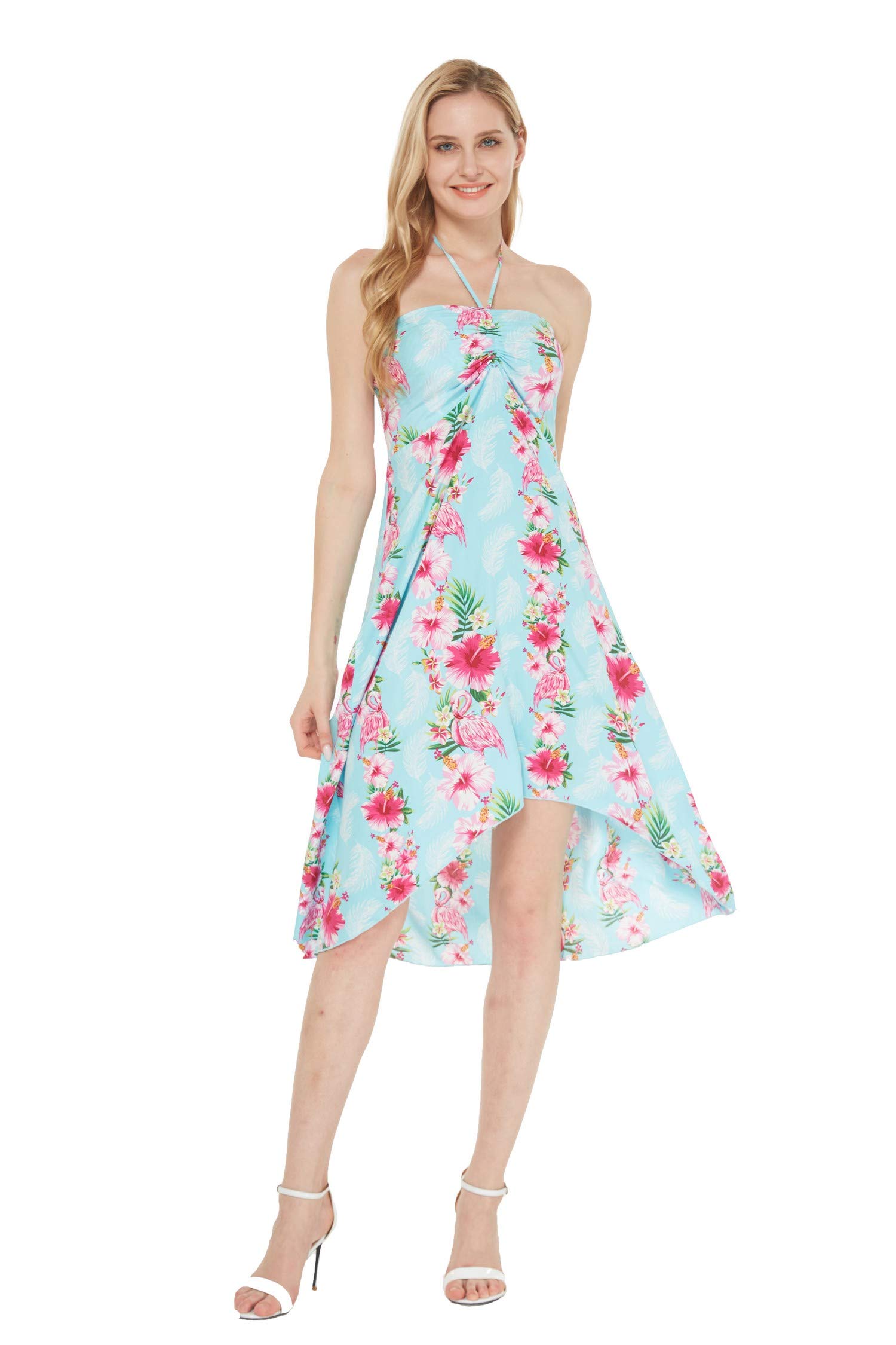 Hawaiian Luau Cruise Party Matching Couple Outfit - Floral Hibiscus Blue Shirt & Dress for Beach Vacation, Summer Cruise, and Tropical Themed Events