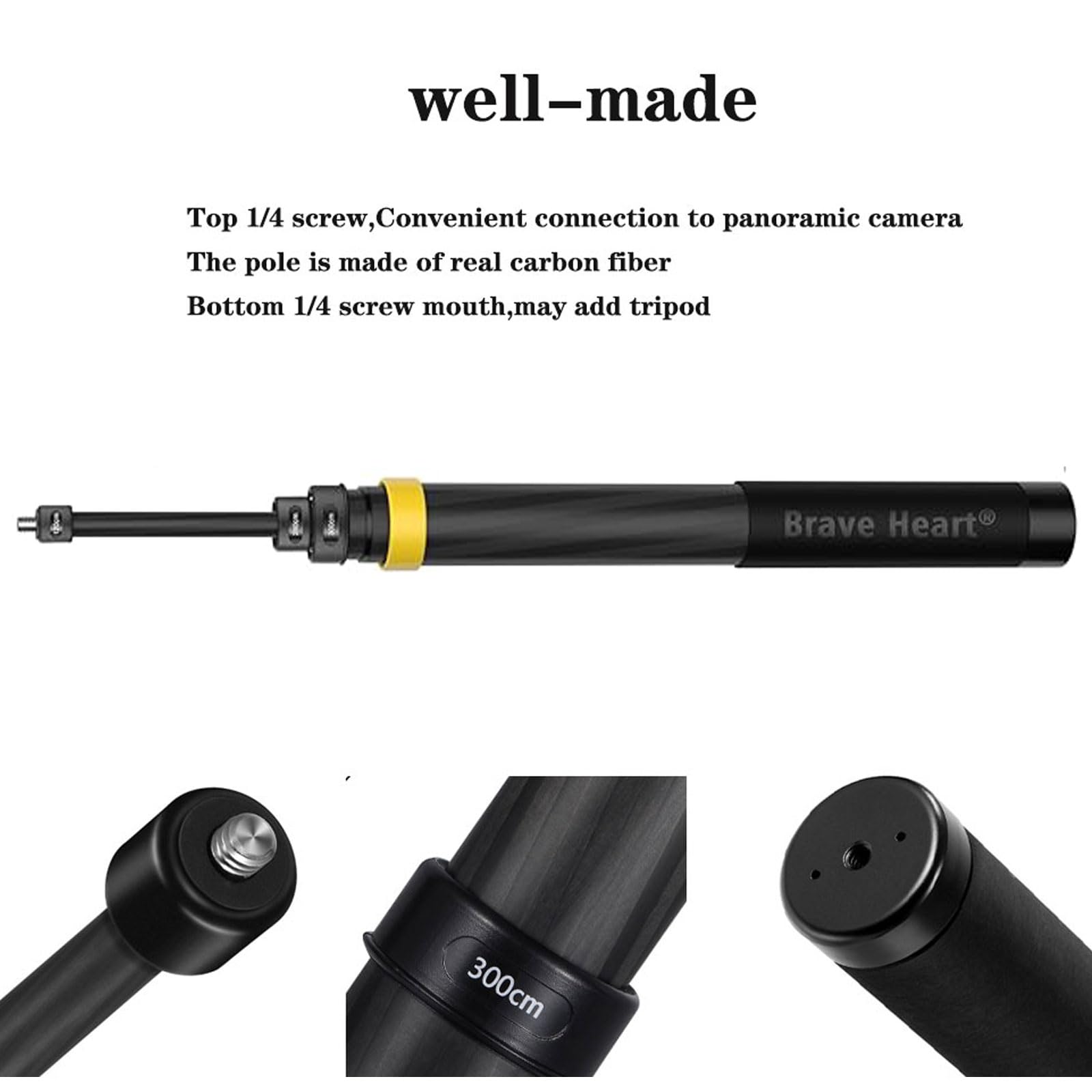 Extended 36cm to 3m (9.8ft) Carbon Fiber Selfie Stick for Insta360 X4/X3/ONE X2/R/X/Action Cameras - Lightweight & Durable Tripod Monopod for Vlogging, Travel & Outdoor Photography (Yellow)