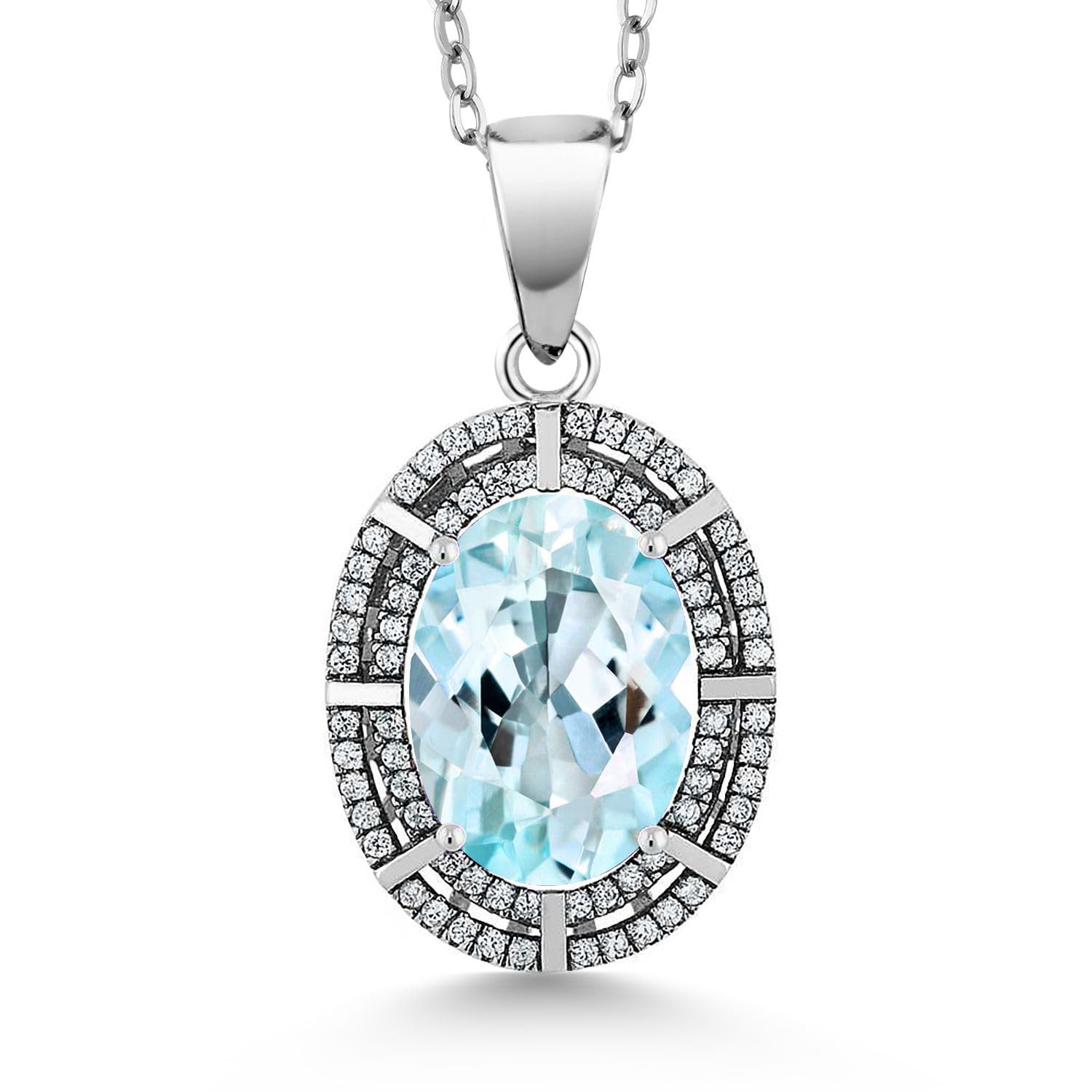 Gem Stone King 5-10 Cttw Two Row Halo Necklace with 14X10MM Oval Gemstone Birthstone in 925 Sterling Silver | Double Row Halo Pendant Necklace for Women | 18 Inch Silver Chain | Perfect Gift for Birthday, Anniversary & Special Occasions