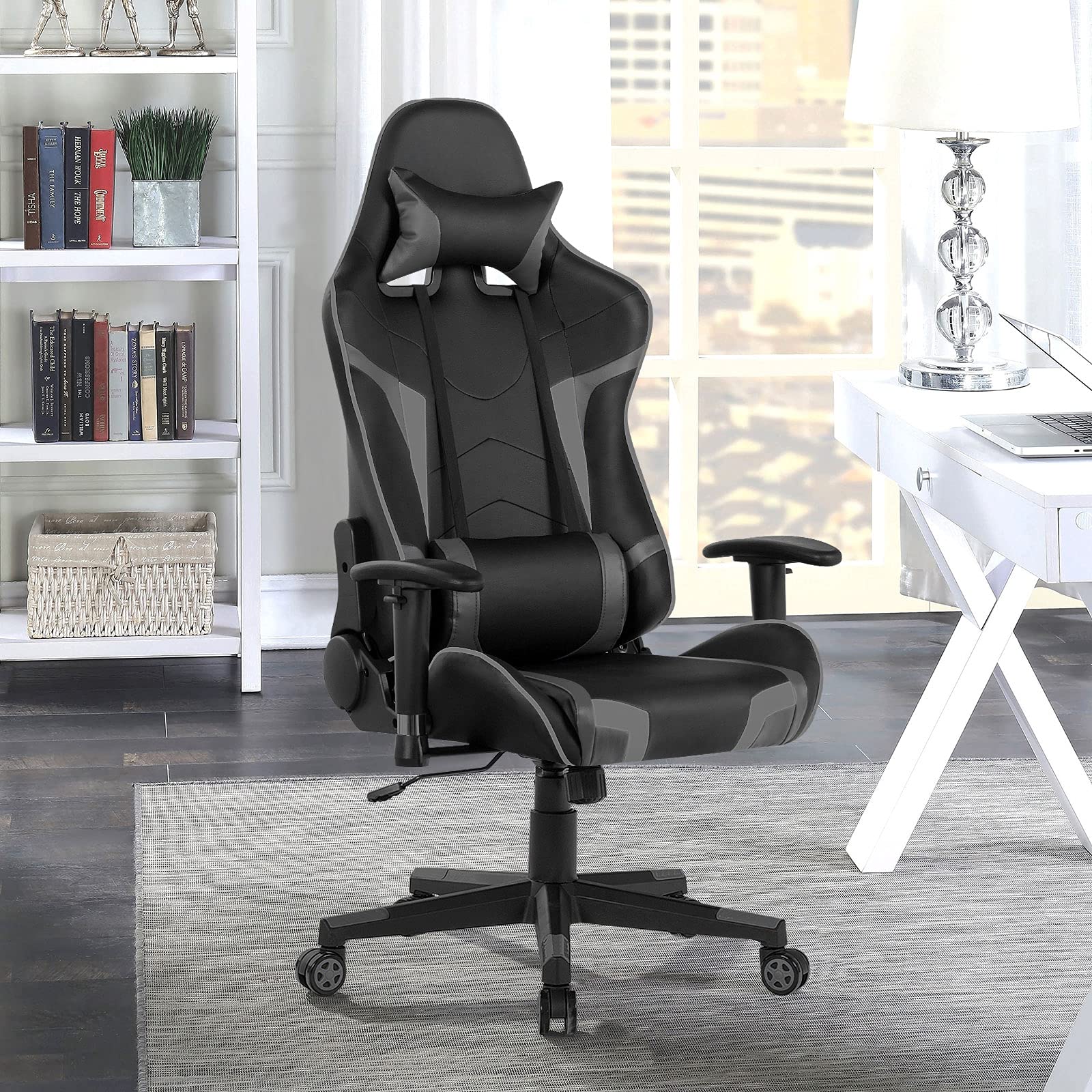 GYMAX Ergonomic Gaming Chair with Adjustable Headrest & Lumbar Support - Reclining Computer Chair for Adults - Comfortable Office Desk Chair for Gamers & Professionals - Perfect for Long Gaming Sessions & Remote Work (Grey)
