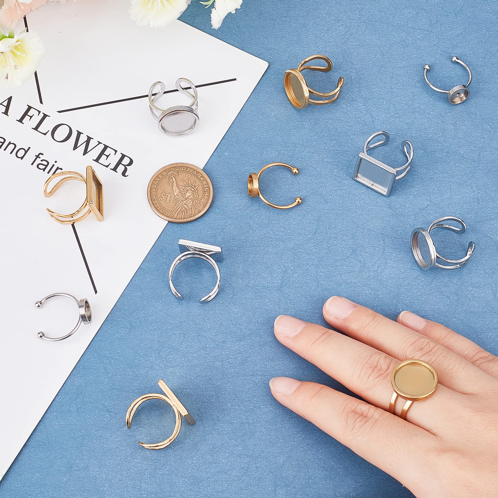 UNICRAFTALE 12Pcs Stainless Steel Ring Blanks - 3 Styles (8mm, 14mm) Round & Square Cuff Pad Ring Settings for DIY Jewelry Making - Gold & Silver Colors - Perfect for Crafting, Wedding Bands, Gift Making & Jewelry Design