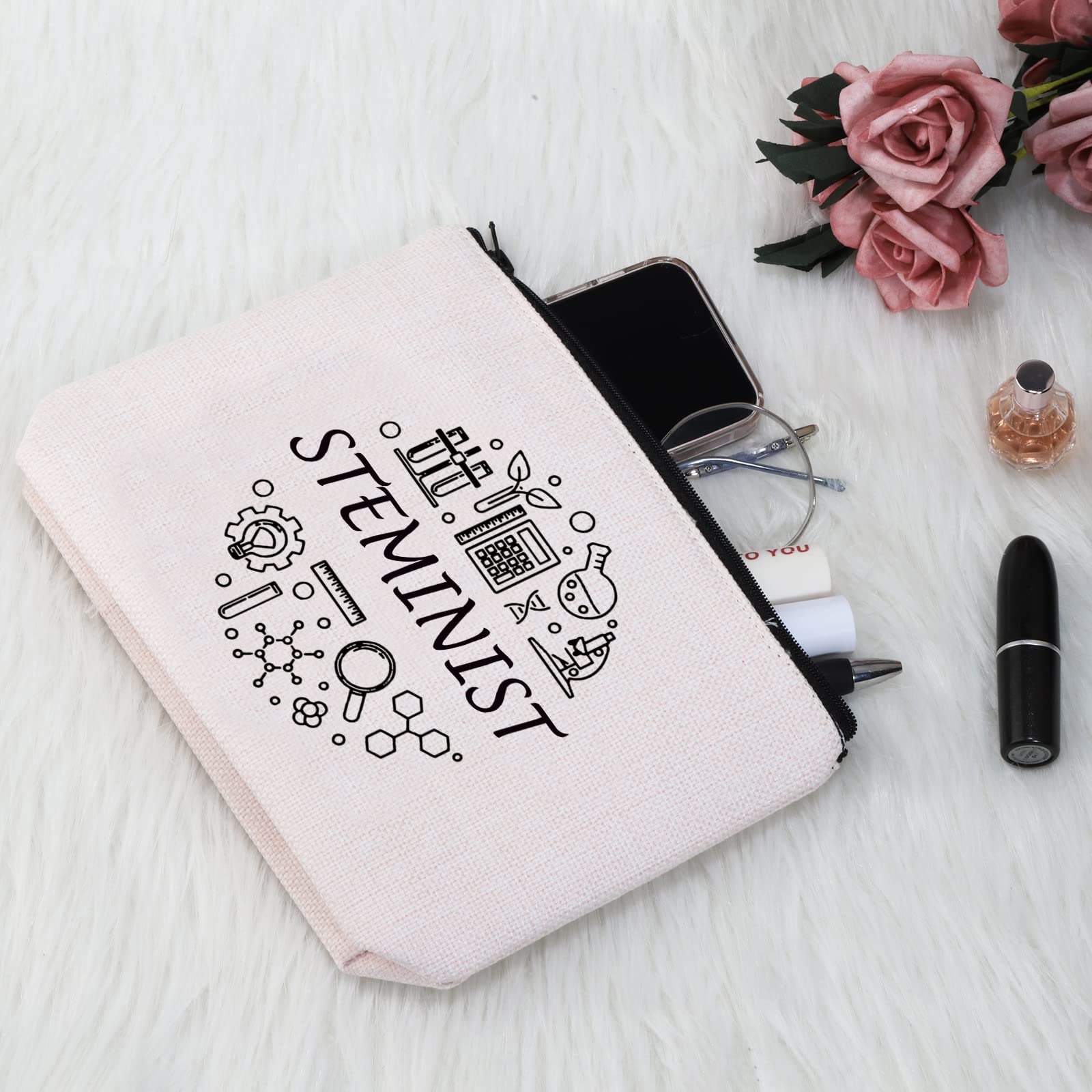 STEM Women's Gift - Feminist Cosmetic Bag for Science Lovers | Steminist Makeup Pouch | Perfect Gift for Women in STEM Fields (White) - Ideal for Work, School & Travel