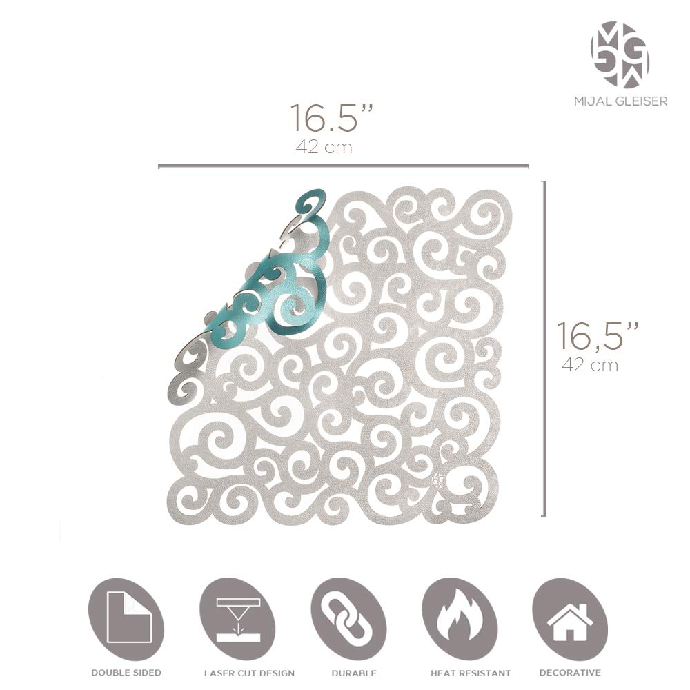 Mijal Gleiser Double Sided Laser Cut Heat Resistant Non-Slip Placemats Set of 4 - Stain Proof Table Mats for Dining, Kitchen & Office (Sea Snail Collection Silver-Turquoise) | Elegant Table Setting & Home Decor