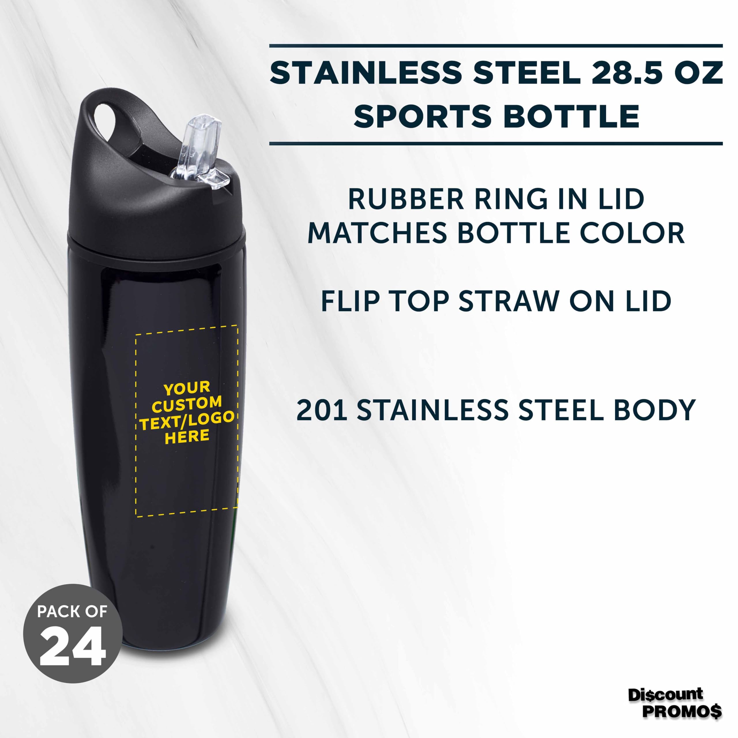 Custom Stainless Steel Water Bottle 24 Pack - Personalized Text & Logo - 28.5oz Metal Sports Bottles with Flip Top Lid - Easy Carry Handle - Black - Perfect for Team Sports, Gym, Outdoor Activities & Corporate Gifts