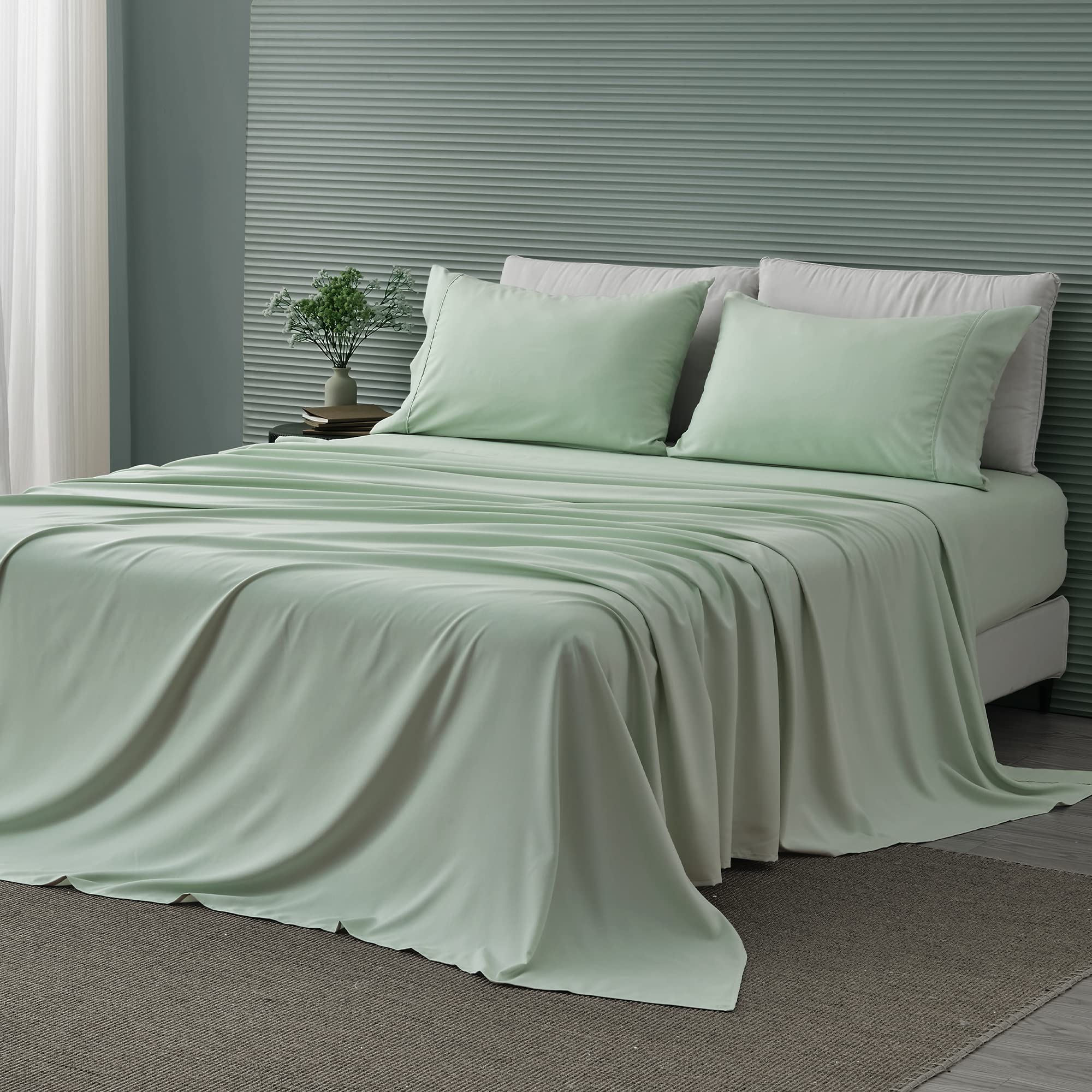 4 Piece Queen Bed Sheet Set - Silky Soft Bamboo Rayon Blend - Cooling, Breathable & Wrinkle Resistant Sheets for Hot Sleepers - Perfect for Summer Nights & All-Season Comfort (Sage Green)