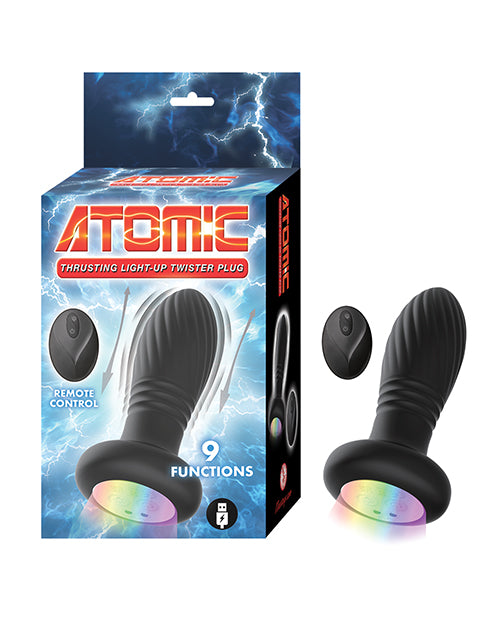 Rechargeable Silicone Butt Plug with Remote Control - Atomic Thrusting & Light Up Twister for Sensual Play - Black - Perfect for Couples & Solo Use in Bedroom or BDSM Scenes