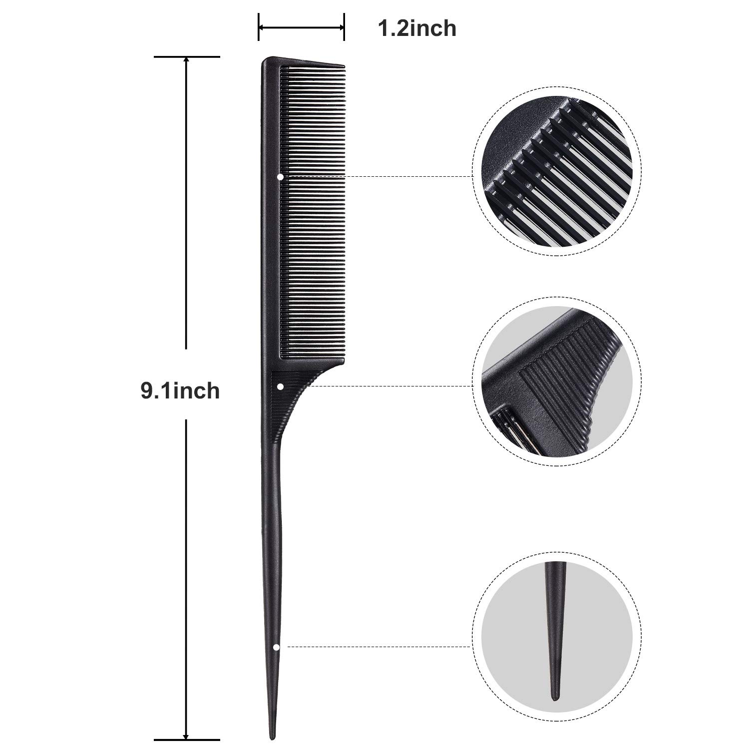 Leinuosen 3 Pack Black Carbon Fiber Rat Tail Combs - Heat Resistant, Anti-Static Styling Comb for Backcombing, Root Teasing & Volume Building - Perfect for Evening Hairstyles, Salon Use & Home Styling