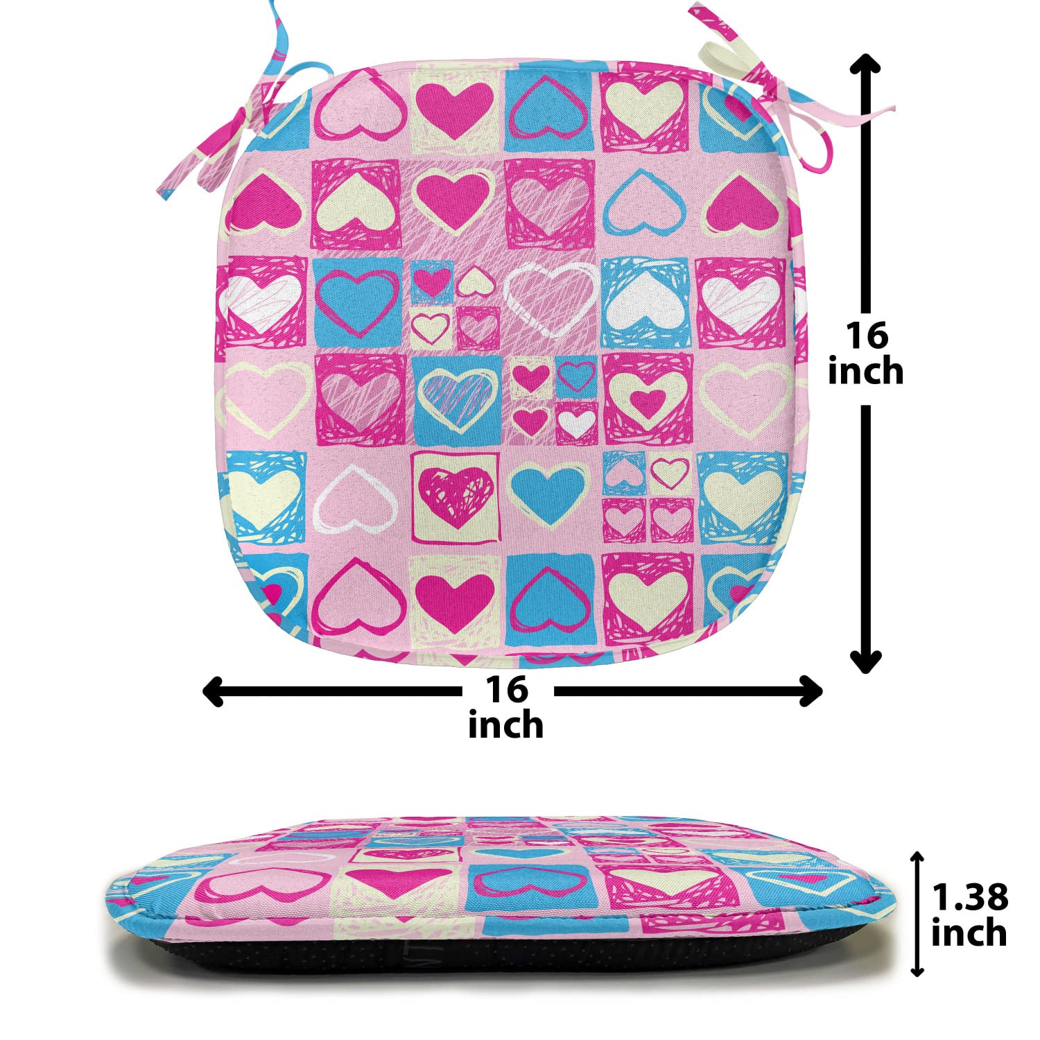 Ambesonne 12-Piece Love Chair Cushion Set with Heart Square Geometric Design - Non-Slip Seat Pads for Kitchen, Dining, Patio & Outdoor Furniture - 16x16 Inch Blue Ivory Pink Cushions - Perfect for Valentine's Day, Weddings & Romantic Home Decor