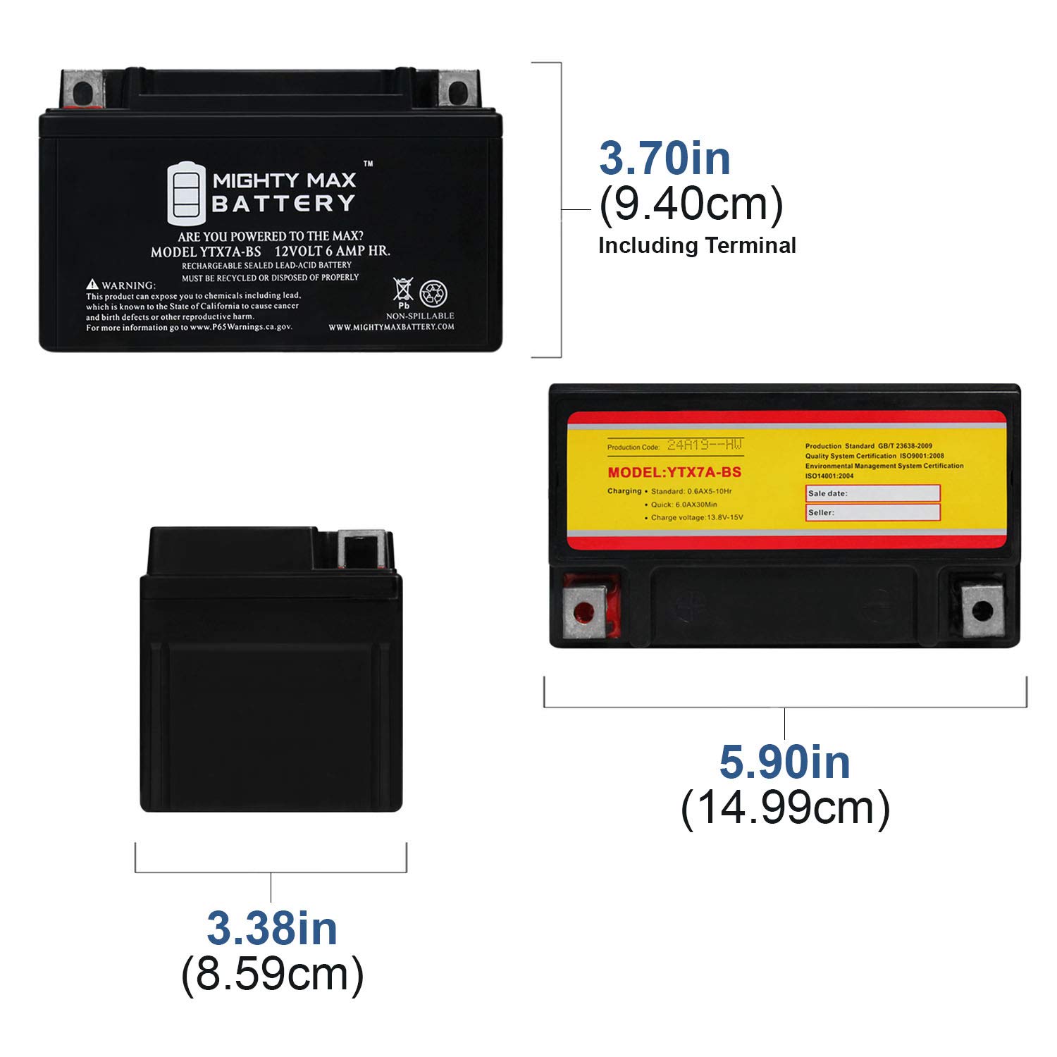 Mighty Max YTX7A-BS 12V 6Ah Sealed Lead Acid Battery - 4 Pack Replacement for Chrome Pro YTX7A-BS - Perfect for Motorcycles, ATVs, Scooters & Power Sports Vehicles