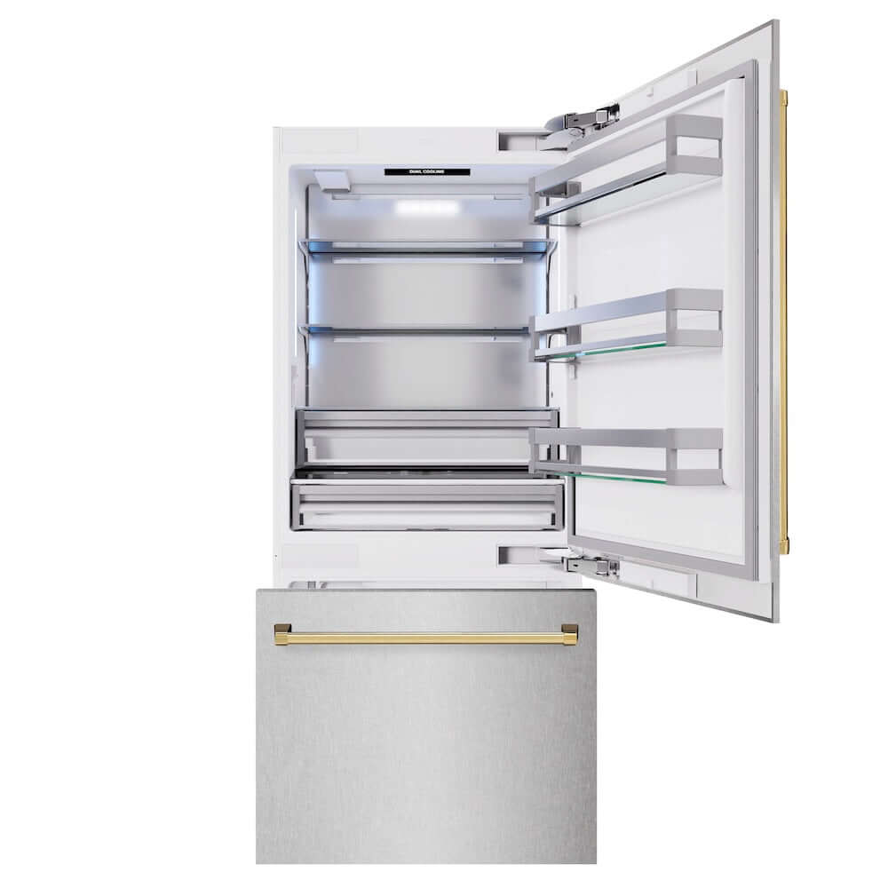 ZLINE Autograph Edition 36 Inch Built-In Bottom Freezer Refrigerator - 19.8 cu.ft Capacity with Water Dispenser & Ice Maker - Satin Stainless Steel with Polished Gold Accents (RBITZ SN 36 G) - Perfect for Modern Kitchens, Open Concept Homes & Luxury Appliances