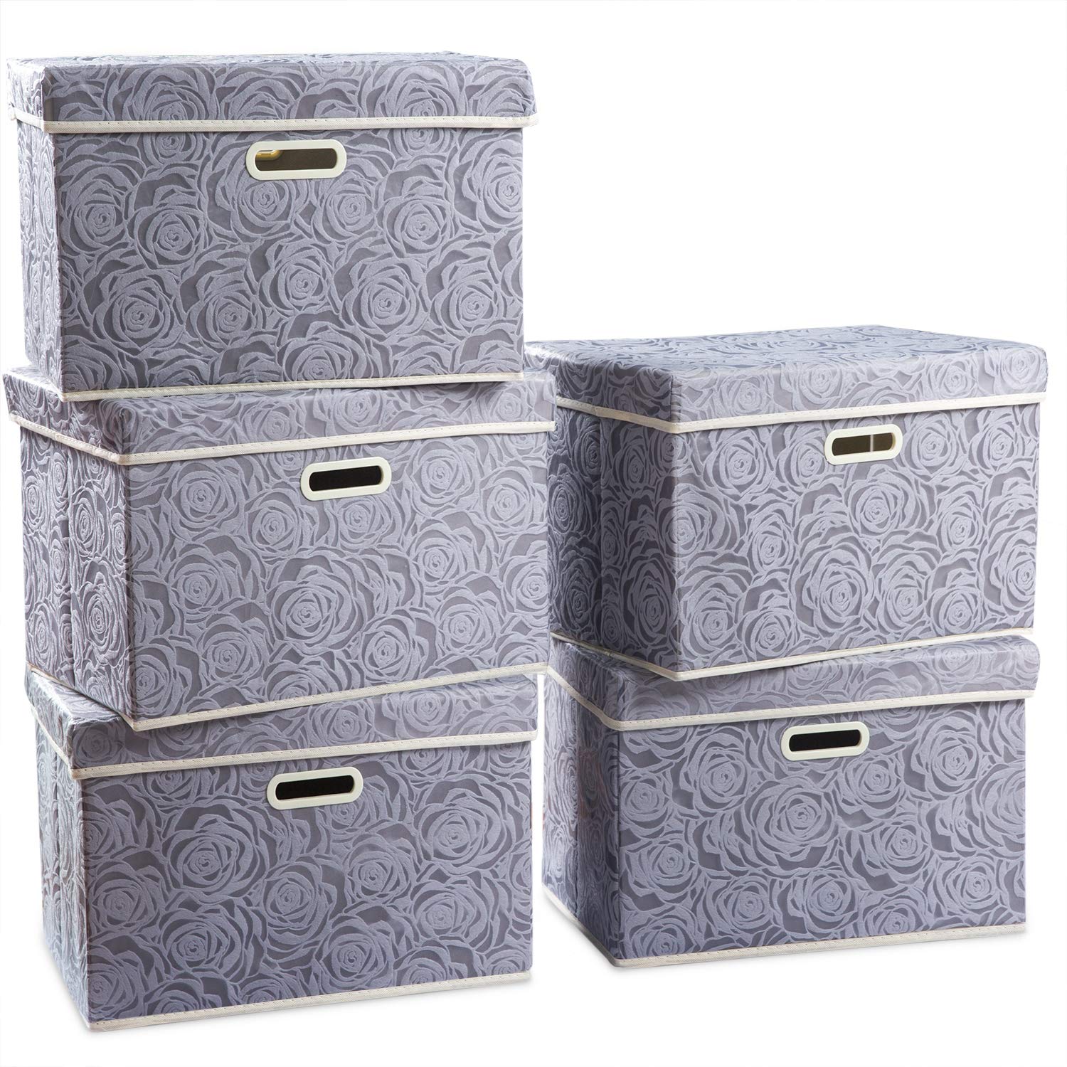 PRANDOM 5-Pack Large Fabric Storage Bins with Lids & Handles - 17.5x11.8x11.8 Inch Decorative Closet Organizer Boxes for Kids, Boys & Girls Age 6+ | Perfect for Bedroom, Playroom & Toy Storage (Grey)