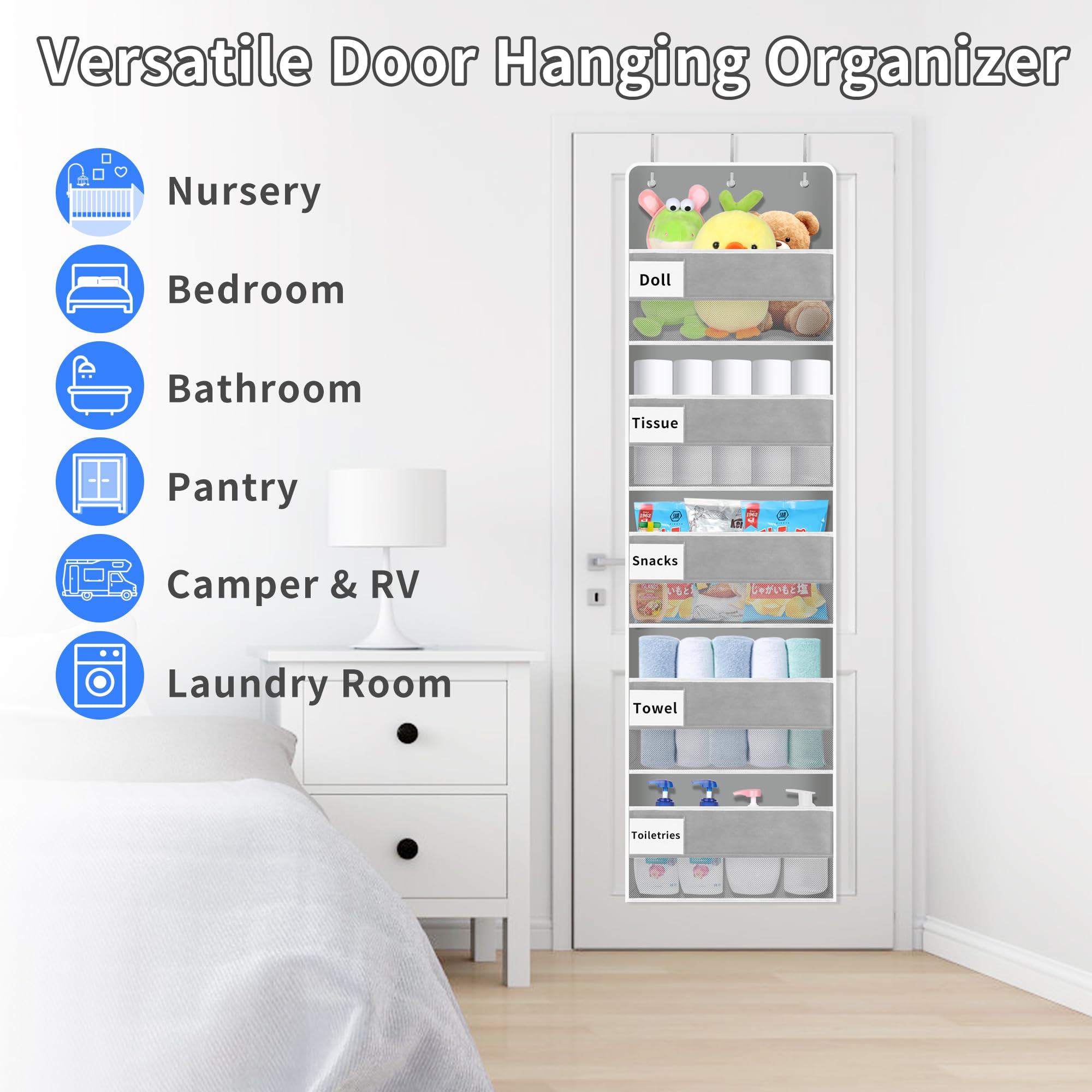 Over The Door Organizer with 5 Large Pockets & 10 Mesh Side Pockets - Heavy Duty 44lbs Capacity Hanging Storage for Nursery, Bathroom, Bedroom & Pantry - Perfect for Toys, Towels, Shoes & Pantry Items