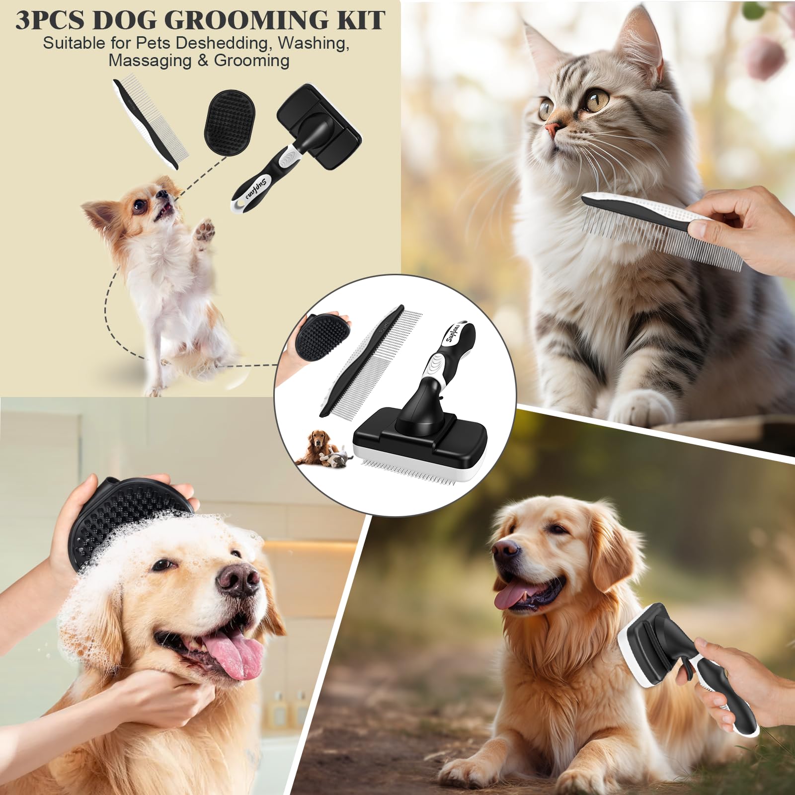 3PCS Dog Grooming Brush Set - Slicker Brush, Deshedding Brush & Bath Brush for Dogs & Cats - Gentle Pet Hair Removal & Detangling Tool for Long & Short Hair (White & Black) - Perfect for Home Grooming & Professional Pet Care