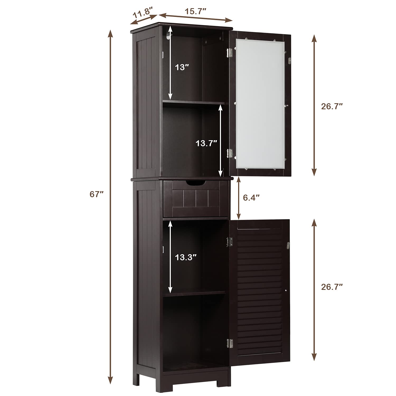 Freestanding Wooden Bathroom Storage Cabinet with Glass Shutter Doors & Adjustable Shelves - Tall Linen Organizer for Bathroom, Bedroom or Laundry Room (Dark Brown) - Perfect for Towels, Toiletries & Home Organization