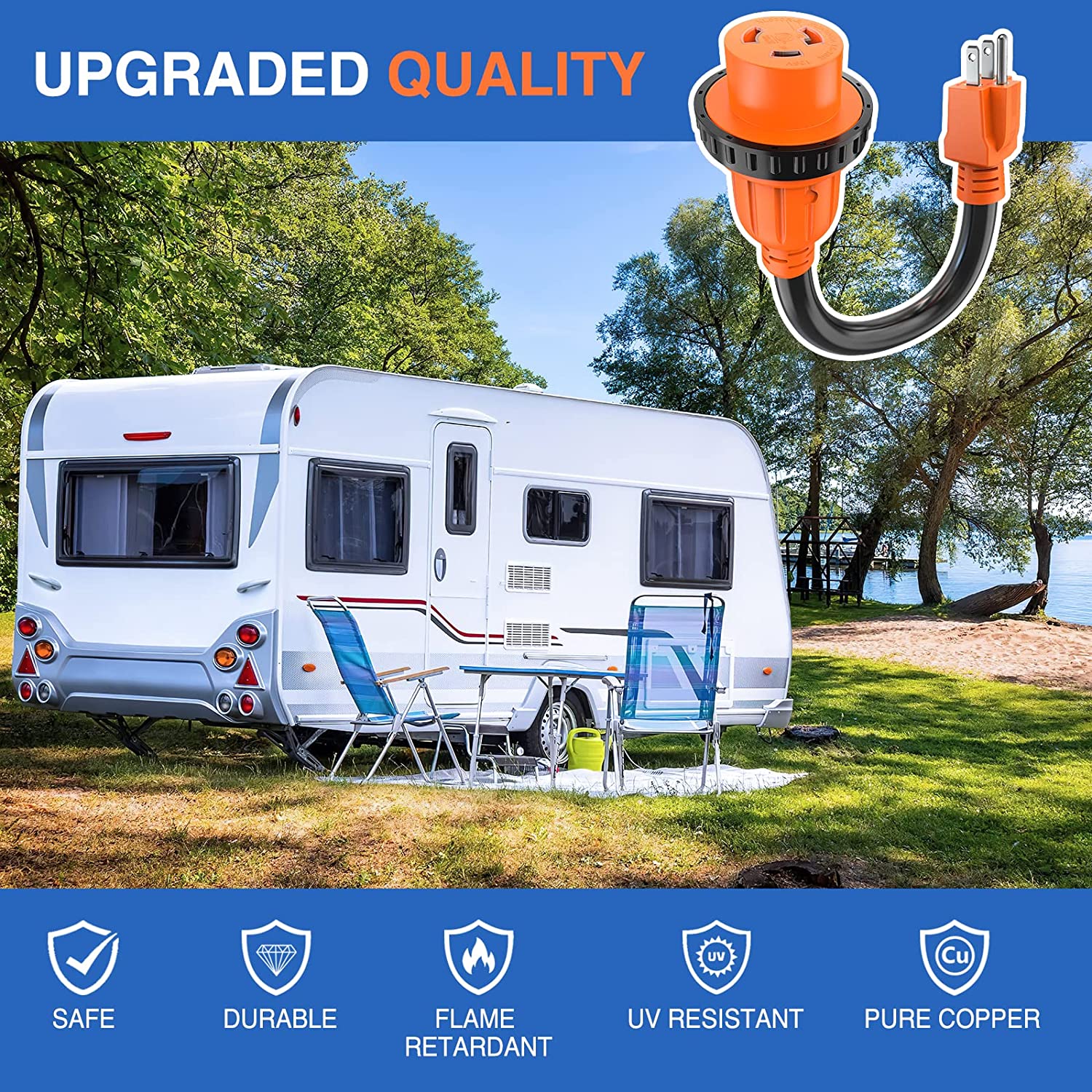 15Amp to 30Amp RV Locking Adapter Cord - Heavy Duty Power Converter for Campers & RVs - Safe Electrical Connection for Outdoor Camping & Road Trips