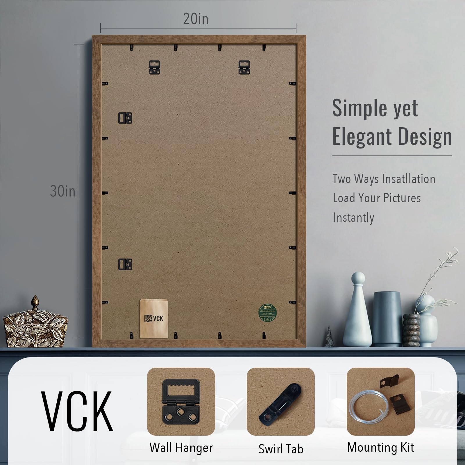 VCK 20x30 Picture Frame Set of 3 - Brown Walnut Solid Wood Poster Frame with Natural Wood Grain, Perfect for Wall Gallery, Home Decor & Office Display