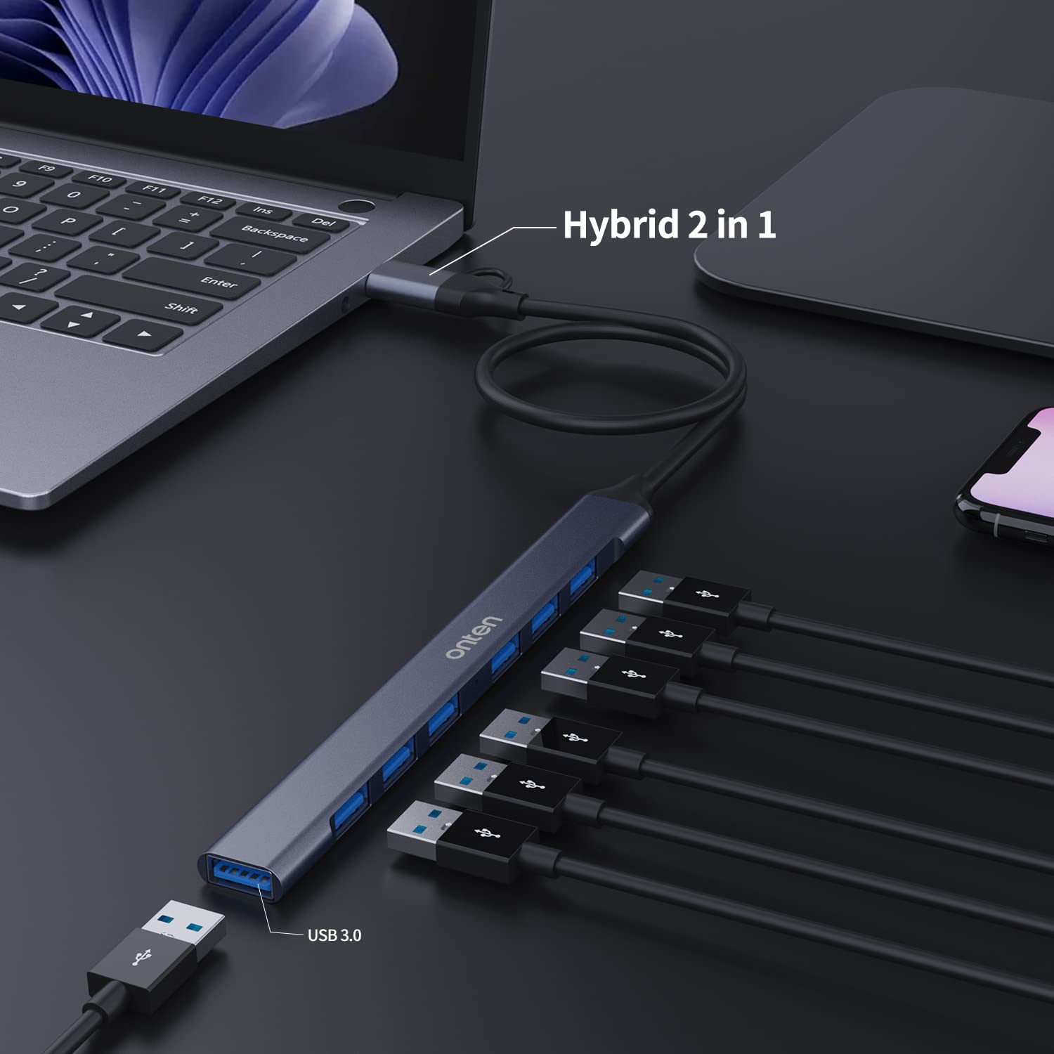 ONTEN 7-in-1 USB C Hub with USB 3.0/2.0 Ports - Aluminum Alloy USB-C to USB Adapter for MacBook Pro, iMac 2021 - Gray | Perfect for Home Office, Remote Work & Multi-Device Connectivity