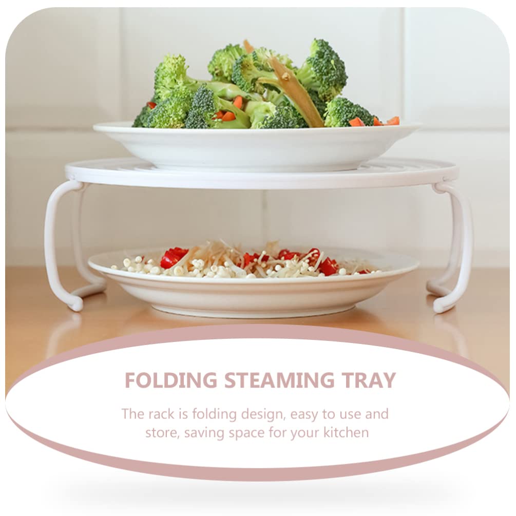 SOLUSTRE Foldable Microwave Plate Stacker - Plastic Steaming Tray Rack with Handle, Dish Stand Organizer for Kitchen, Cooking & Baking Accessories (White) - Perfect for Microwave Storage, Dish Drying & Countertop Organization