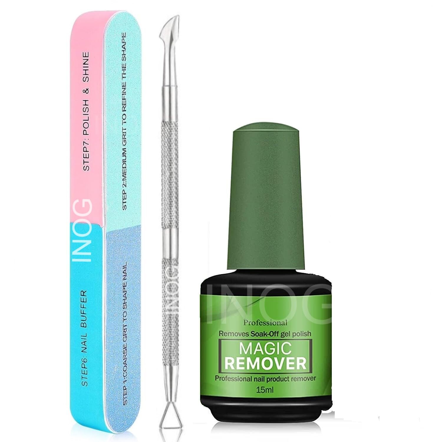 INOG Gel Nail Polish Remover Kit - No Foil Needed, Fast Acting in 3-5 Minutes, No Soaking or Wrapping, Gentle on Nails - 15ml (3-Pack) with 7-in-1 Nail File & Peeler - Perfect for Salon & At-Home Manicures