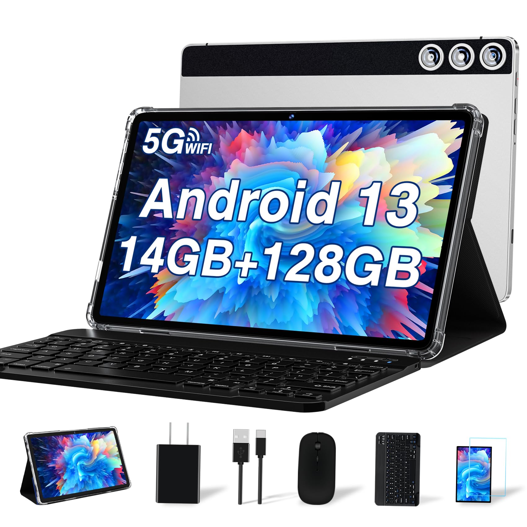DMOAO 10.1 Inch 2-in-1 Android 13 Tablet with 14GB RAM (8+6GB), 128GB Storage (Expandable to 1TB), Octa-Core Processor, 8000mAh Battery, 5G WiFi, Bluetooth, GPS, Face Unlock - Perfect for Work, Study & Entertainment - Silver
