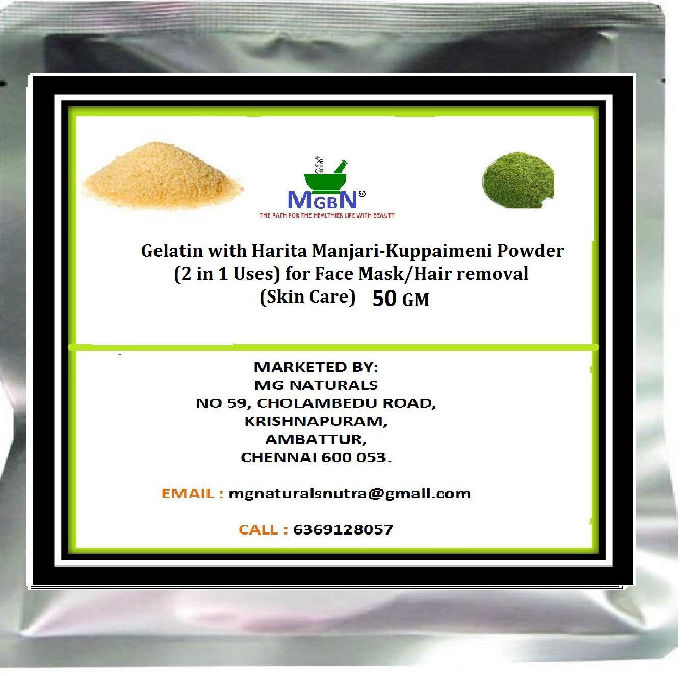 Haritaki Manjari & Kuppaimeni Powder Mix with Gelatin - 2 in 1 Face Mask & Hair Removal for Glowing Skin (50g) | Natural Skin Care Solution for Acne, Blackheads & Smooth Complexion