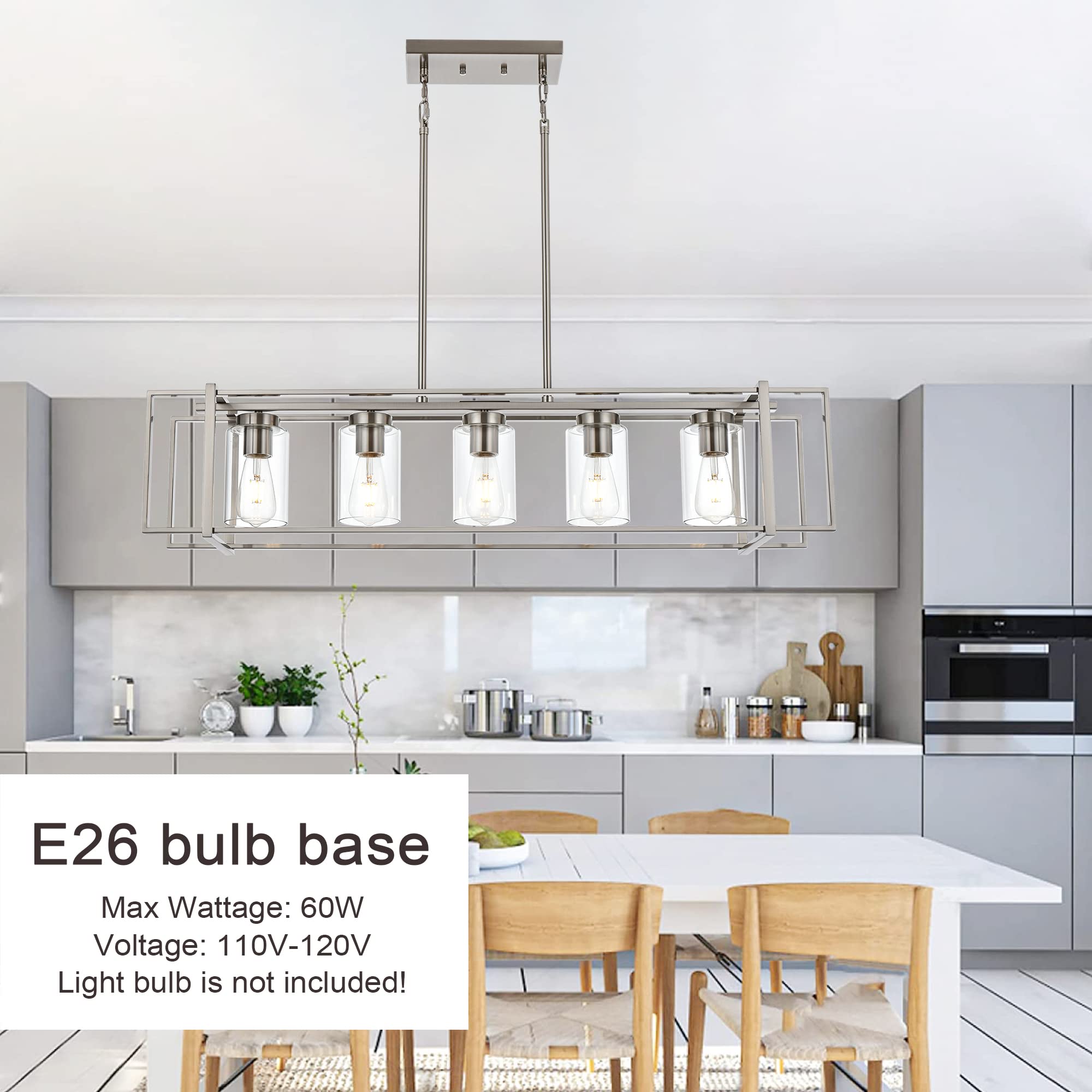 MELUCEE 5-Light Brushed Nickel Rectangular Pendant Light with Clear Glass Shade - Adjustable Height Kitchen Island Lighting & Dining Room Chandelier - Perfect for Modern Farmhouse, Industrial & Contemporary Home Decor