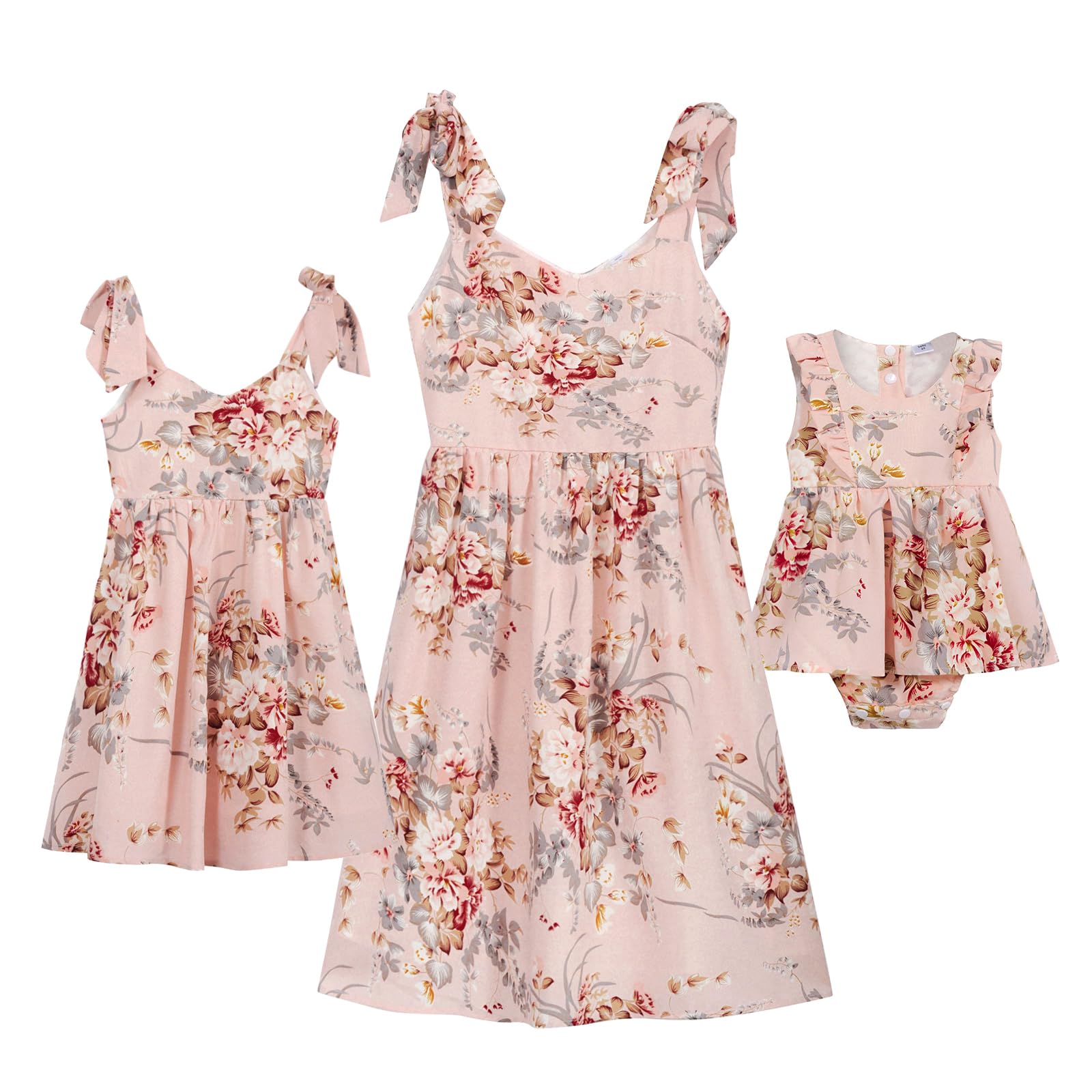 PopReal Mommy and Me Floral Printed Dresses - Shoulder Straps Bowknot Chiffon Sleeveless Matching Outfits for Women & Girls | Summer Family Photoshoot, Mother's Day, Beach Vacation Outfits