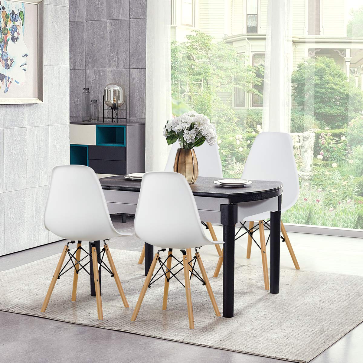 GOFLAME DSW Dining Chairs Set of 4 - Modern Plastic Shell Chairs with Wooden Legs, Armless Eiffel Style Side Chairs with Ergonomic Backrest - Perfect for Kitchen, Dining Room, Living Room & Bedroom - White