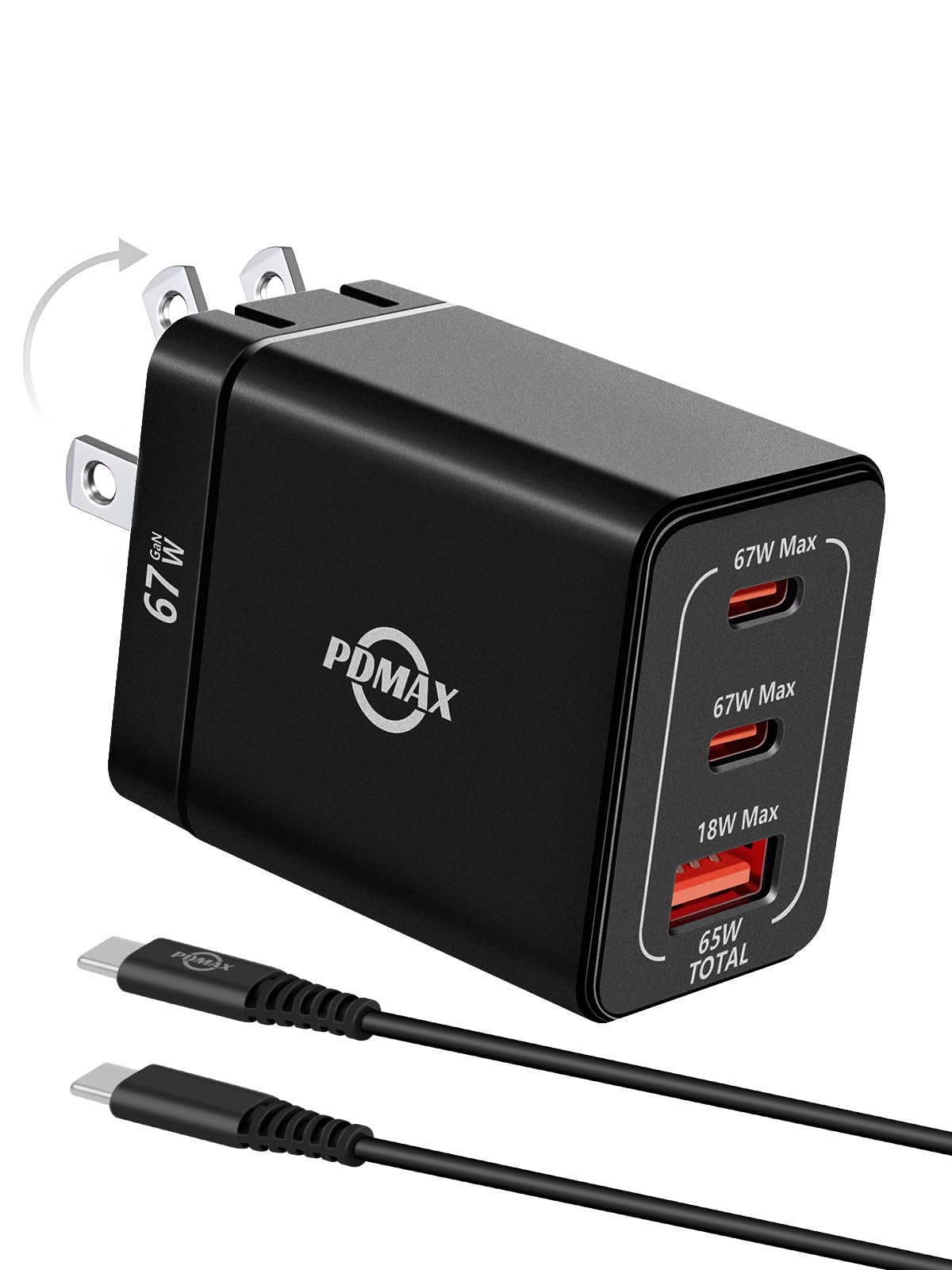 PDMAX 65W USB C Fast Charger Block with 6 Ft Cable - Compatible with iPhone 16 Pro Max (45W), Samsung S24 Ultra & Steam Deck - Dual Port (Type C & USB-A) Foldable Travel Charger for Home, Office & Travel (Black)