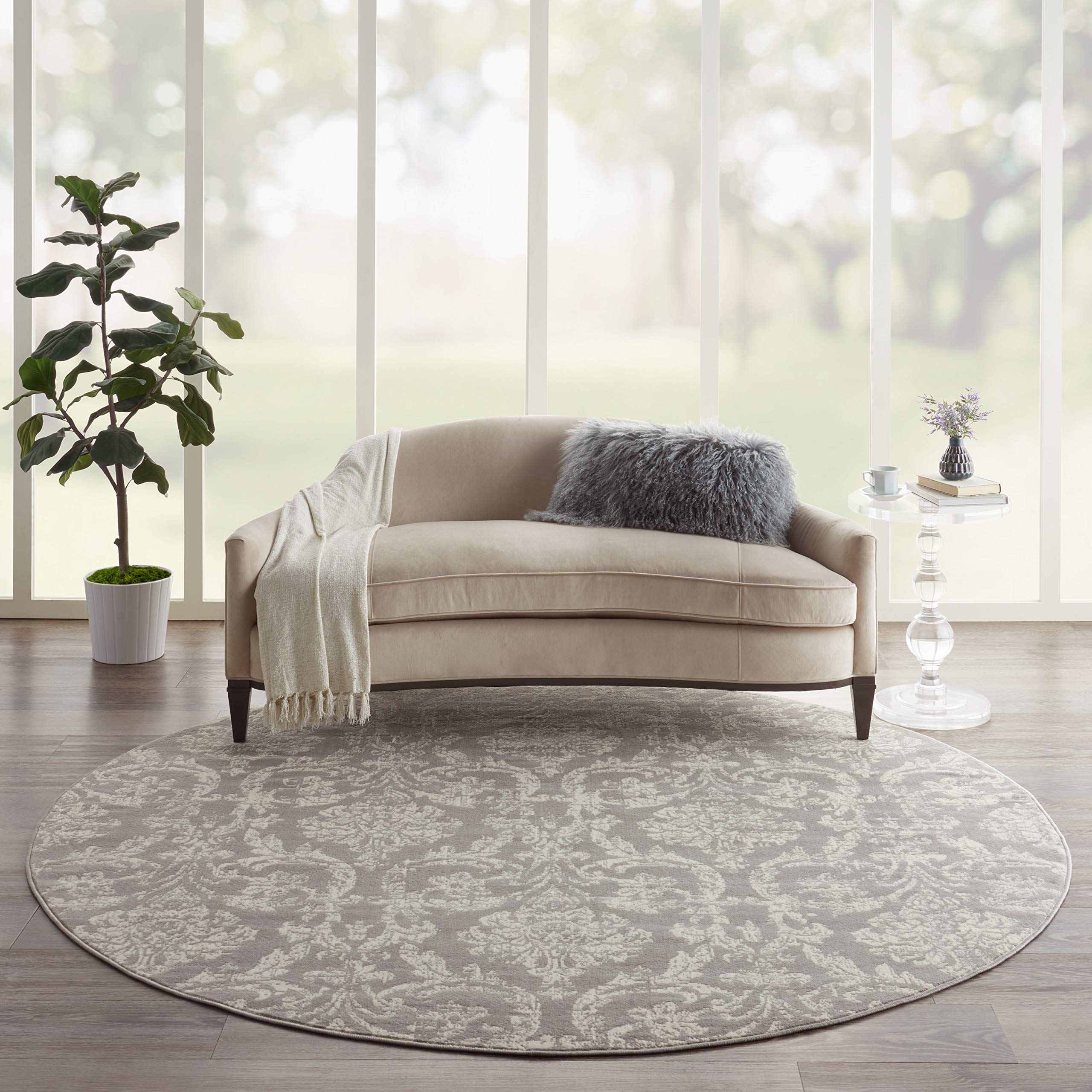 Nourison Jubilant Damask Grey 8' Round Area Rug - Easy Cleaning, Non-Shedding, Soft & Durable - Perfect for Bedroom, Living Room, Dining Room & Kitchen Decor (8' Round) - Ideal for Home, Office & High-Traffic Areas