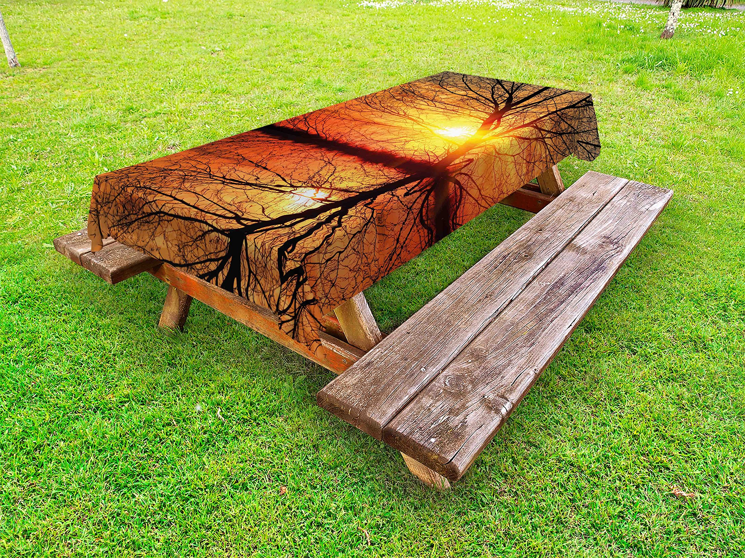 Ambesonne Autumn Outdoor Tablecloth - Leafless Tree in Fall Sunset with Water Reflection, Washable Picnic Table Cover 58x120 Inches, Orange & Black - Perfect for Outdoor Dining, BBQs, and Fall Gatherings