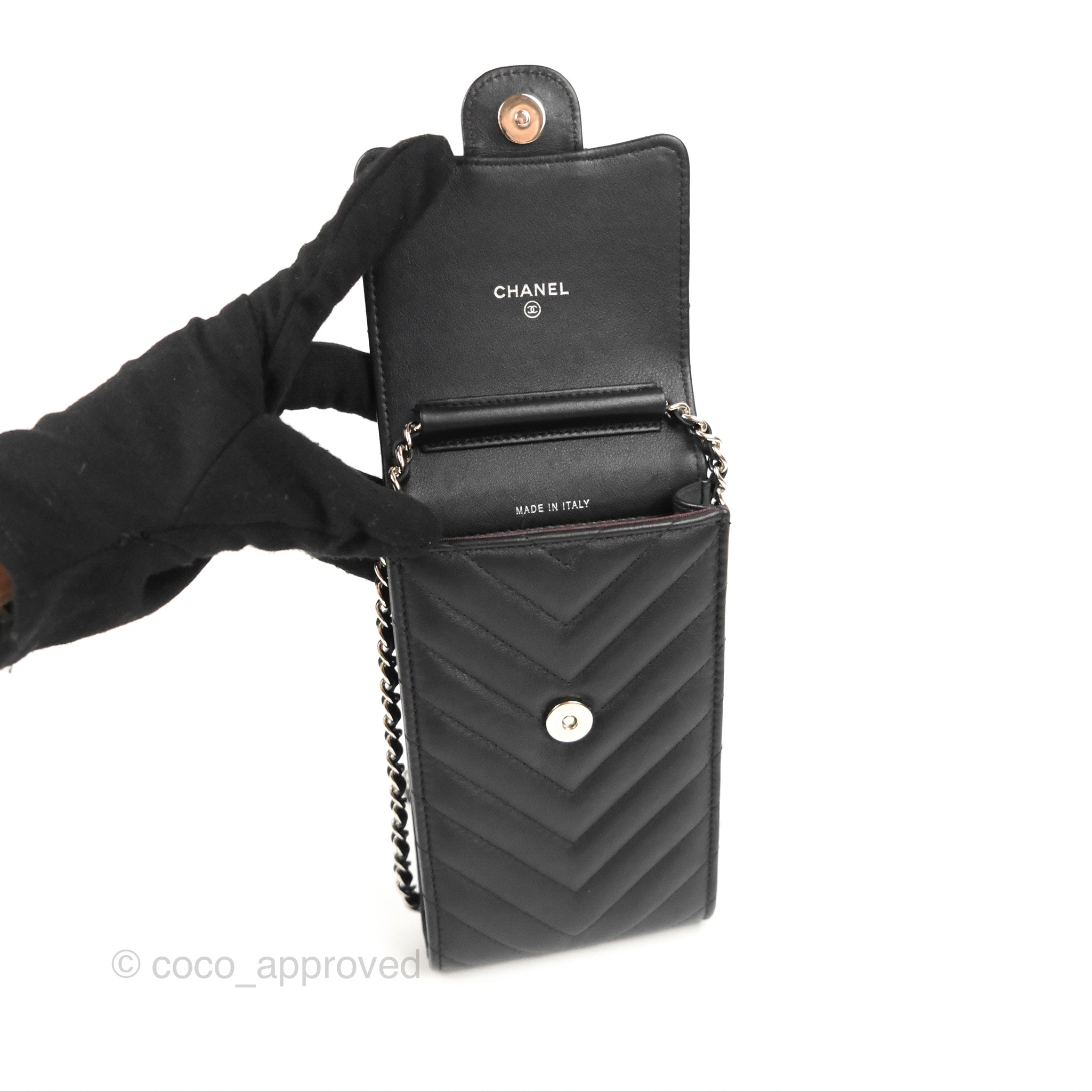Chanel Classic Chevron Phone Holder - Black Calfskin with Silver Hardware | Luxury Phone Accessory for iPhone & Samsung | Perfect for Office, Travel & Daily Use