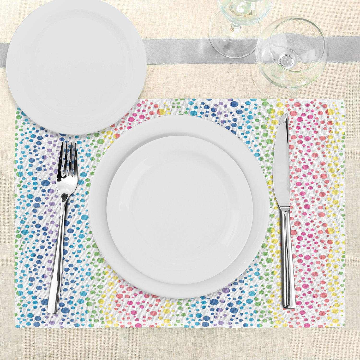 Ambesonne Modern Placemats Set of 4 - Rainbow Ombre Bubble & Circle Wavy Line Art Print Washable Fabric Place Mats for Dining Table & Kitchen Decor | Perfect for Dinner Parties, Holiday Meals & Everyday Use