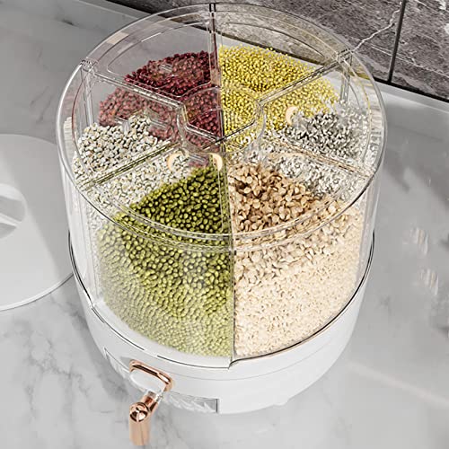 6-Compartment Rotating Rice Dispenser - PP Plastic Dry Food Storage Container for Rice, Beans & Grains | Kitchen Pantry Organizer for Countertop & Cabinet (White)