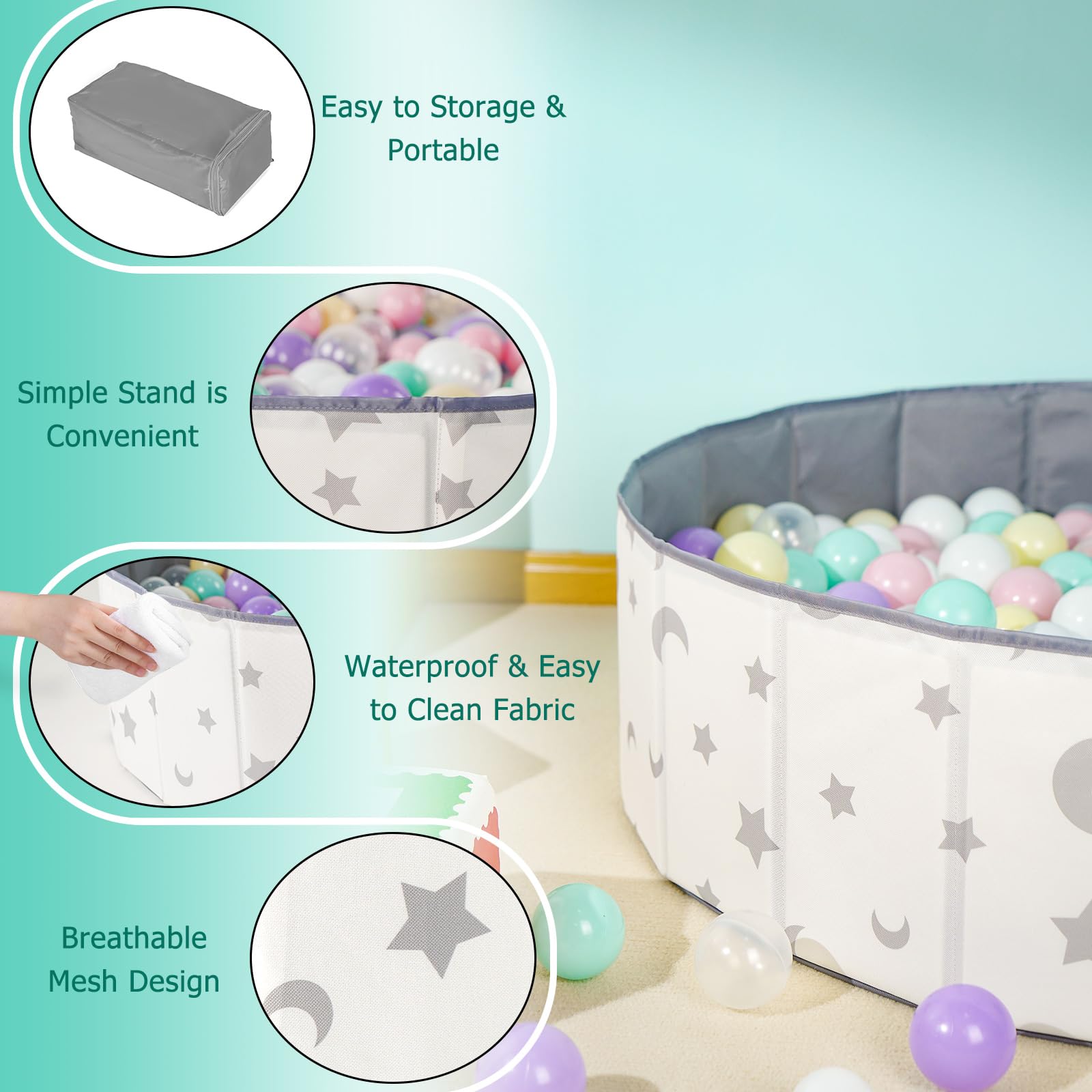40Inch Kids Ball Pit - Foldable, Portable & Reusable Toddler Playpen with Balls, Indoor/Outdoor Baby Play Pool, Dog Playpen Fence, Oversized Star/Moon Design - Perfect for Birthday Parties, Daycare Centers & Backyard Fun
