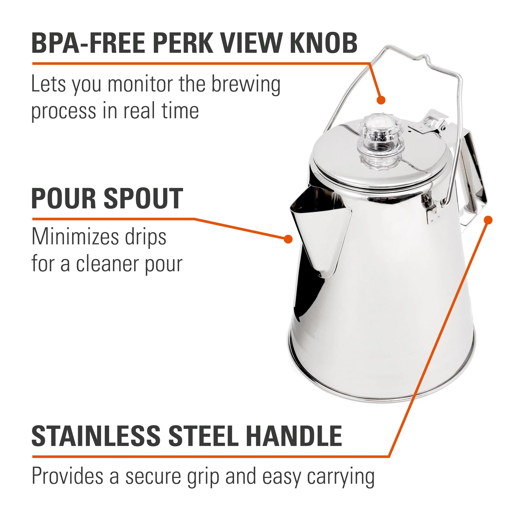 GSI Outdoors Percolator Coffee Pot - Glacier Stainless Steel, Ultra-Rugged Stovetop & Campfire Coffee Maker (28 Cup) | Perfect for Group Camping, Hiking Trips & Outdoor Adventures