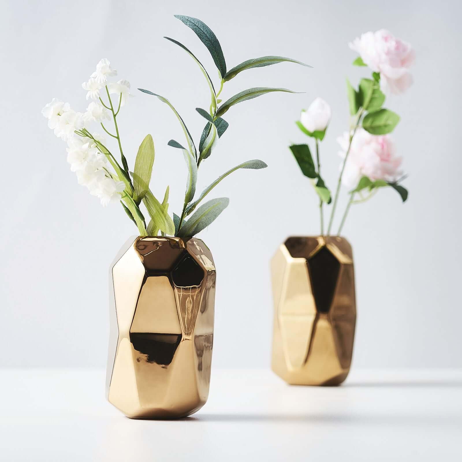 Efavormart 2 Pack 6 Inch Gold Geometric Ceramic Vases - Modern Cylinder Table Vases for Dining Table Centerpiece, Coffee Table Decor, Kitchen Counter, Office Desk, Wedding & Party Decorations - Elegant Home & Event Decoration