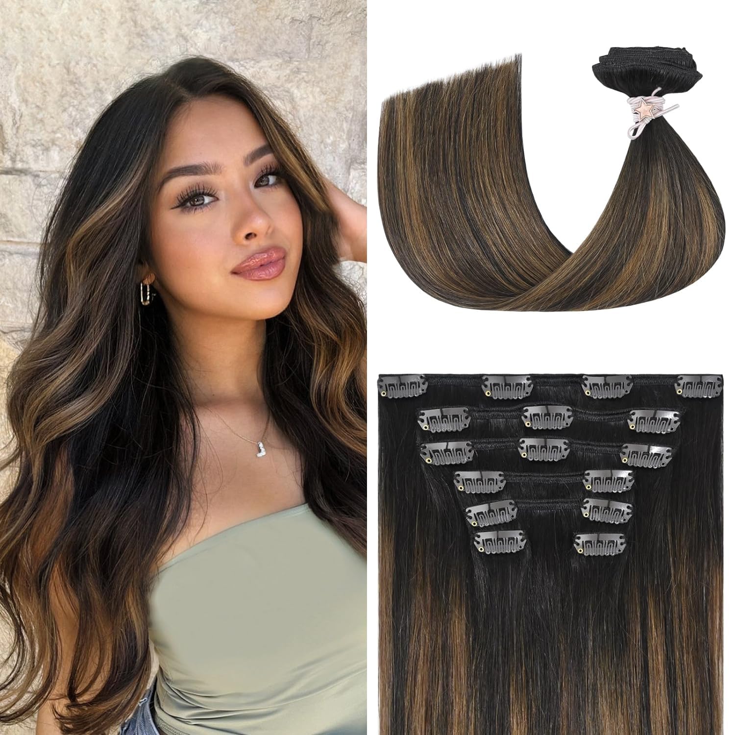 Aison 20 Inch Clip in Hair Extensions 70G - 100% Remy Human Hair, Dark Brown to Chestnut Brown, Silky Straight, 7pcs 16 Clips | Natural Looking Hair Extensions for Women | Perfect for Daily Wear, Parties, Weddings & Special Occasions