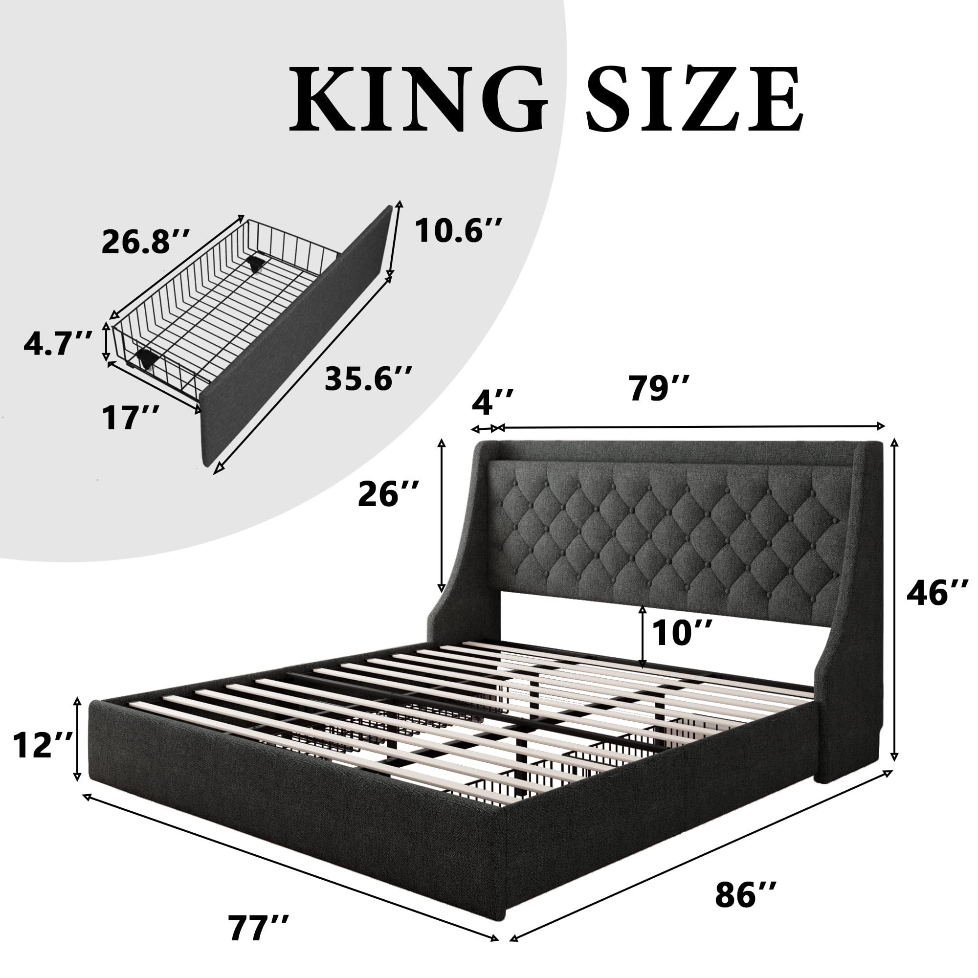 iPormis King Size Bed Frame with 4 Storage Drawers & USB Ports - Upholstered Platform Bed with Wingback Headboard, Solid Wood Slats - No Box Spring Needed - Dark Gray - Perfect for Master Bedroom, Guest Room & Small Space Organization