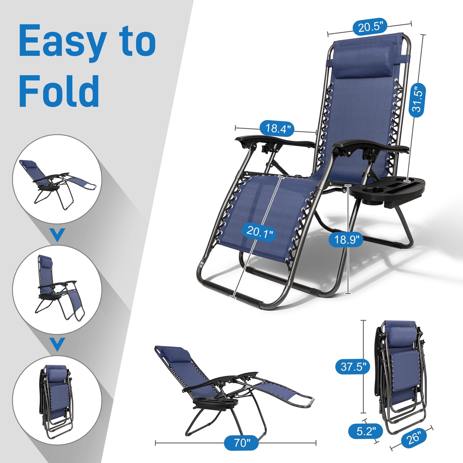 Bonnlo Infinity Zero Gravity Chair - Adjustable Folding Recliner with Pillow & Utility Tray - Outdoor Lounge Patio Chairs for Deck, Beach, Yard, Camping - Perfect for Relaxing, Sunbathing & Backyard Lounging (Blue, Pack of 2)