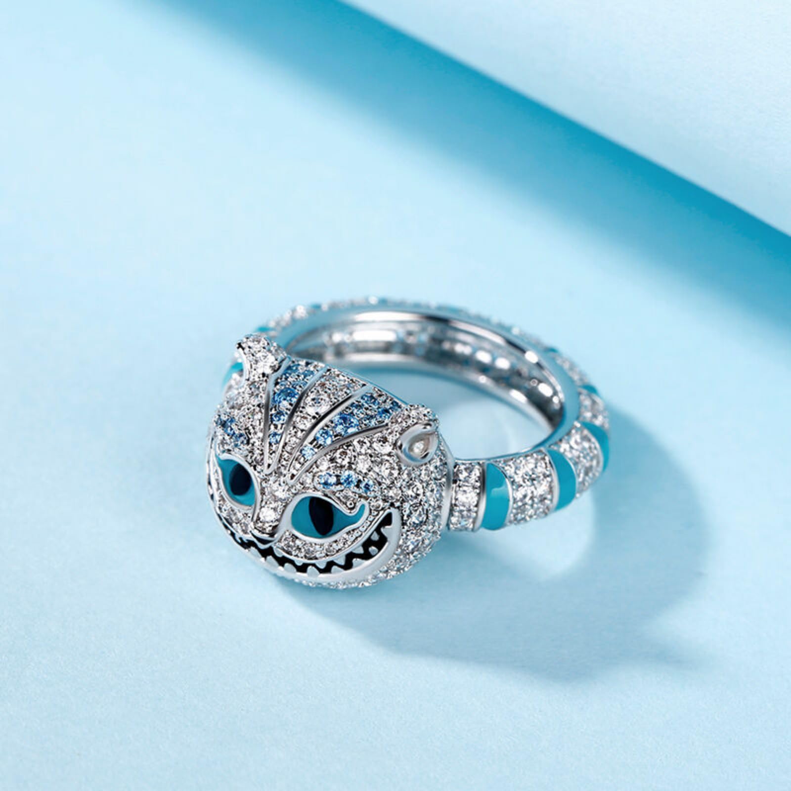 Jeulia 925 Sterling Silver Cat Eternity Ring with Enamel & Cubic Zirconia - Women's Animal Jewelry, Engagement Promise Ring, Anniversary Gift for Her (Jewelry Gift Box Included) - Perfect for Valentine's Day, Birthday & Romantic Occasions