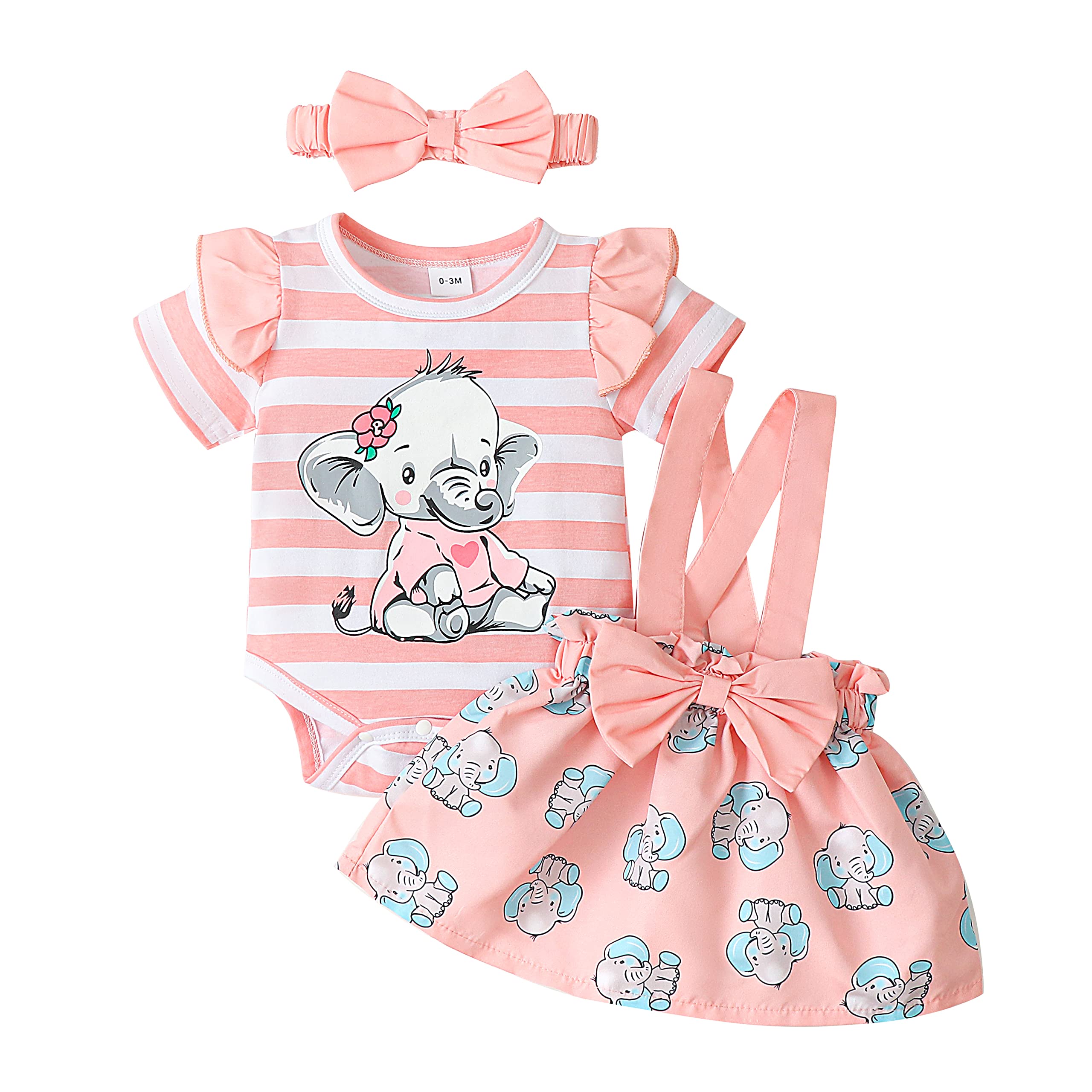 **Adorable Baby Girl Elephant Romper Set - Ruffle Short Sleeve Jumpsuit with Suspenders & Headband - Cute Summer Outfits for Newborns & Infants - Perfect for Photoshoots, Parties & Playtime**