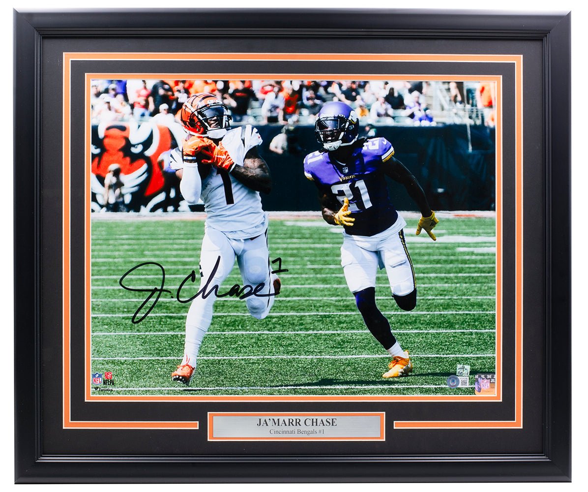 Ja'Marr Chase Autographed Framed 16x20 Cincinnati Bengals vs Vikings Game Photo - Limited Edition Collectible for Sports Fans & Memorabilia Enthusiasts - Perfect for Man Cave, Sports Bar, or Gift Idea