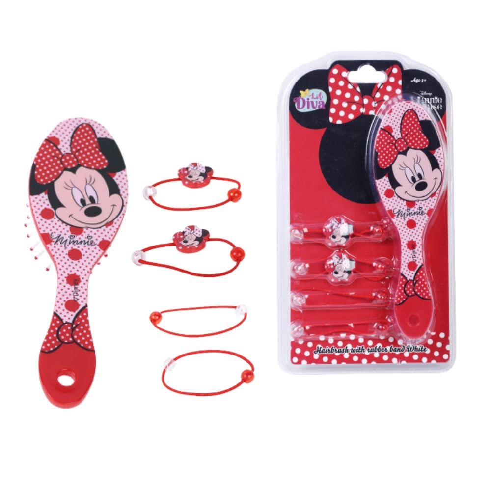 Minnie Mouse Hair Brush Set for Girls - 1 Brush & 4 Hair Elastics | Perfect for Toddlers 3+ | Disney Princess Hair Accessories for School, Parties & Daily Styling